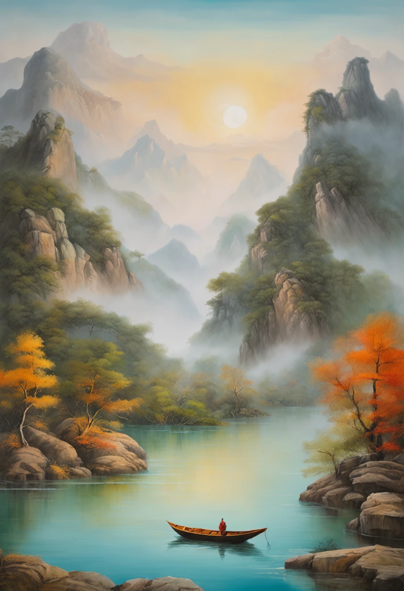 painting of a mountain landscape with a lake and a boat, illustration matte painting, by Li Tiefu, artwork in the style of z.w. gu, chinese surrealism, chinese landscape, inspired by Kanō Naizen, chinese style painting, symmetric matte painting, detailed scenery —width 672, japonisme 3 d 8 k ultra detailed