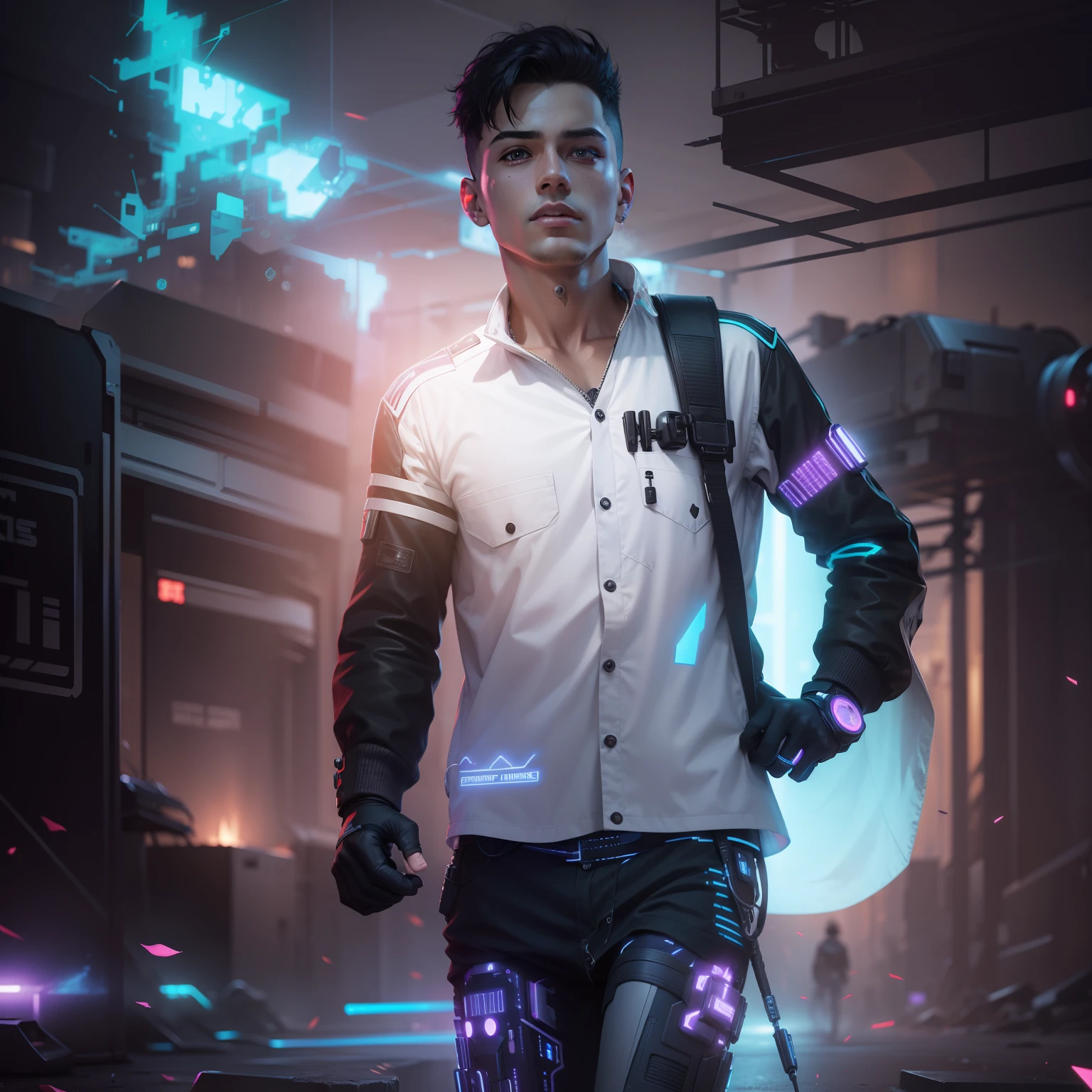 change background cyberpunk smart boy with real face sf ultra real face