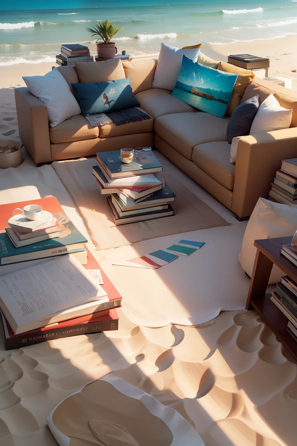 The mix between a sandy beach and a living room full of books, animated, cartoon