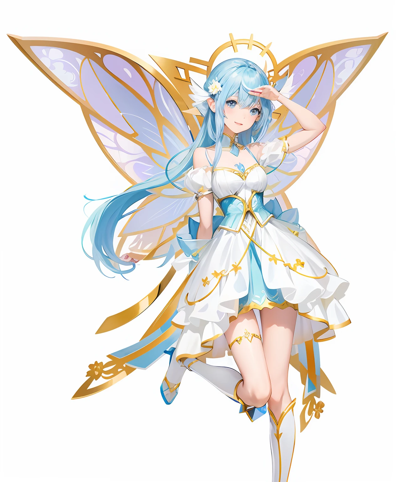 Anime fairy with blue hair and white dress, smiling as a queen of fairies, astral fairy, official character art, pixie character, ethereal wings, official character illustration, render of april, Beautiful fairy, high detailed official artwork, offcial art, beautiful adult fairy, pretty anime character design, with beautiful wings, Fairy, High detail，anime illustration，Extremely detailed Artgerm