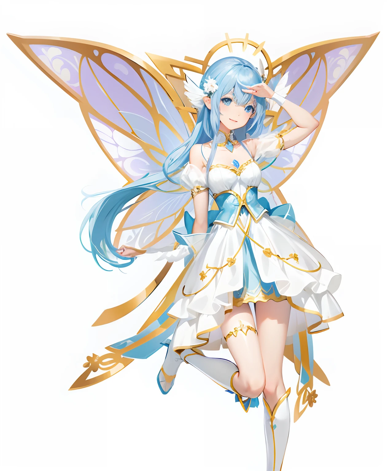 masterpiece,best quality,1girl,right hand in waist,azur lane unzen,\(herrscher of finality\),pearl colored hair tie,solo,full body,pale skin,light pearl colored hair,multicolored hair,full body,cute fantasy white dress,very long hair floating around,light pearl colored eyes,(white eyelashes),+ +,tight black pantrose,(((big breasts side cleavage))),floating light angel blades,closed mouth,silver amor pieces, ((fantasy character)), anime character sheet