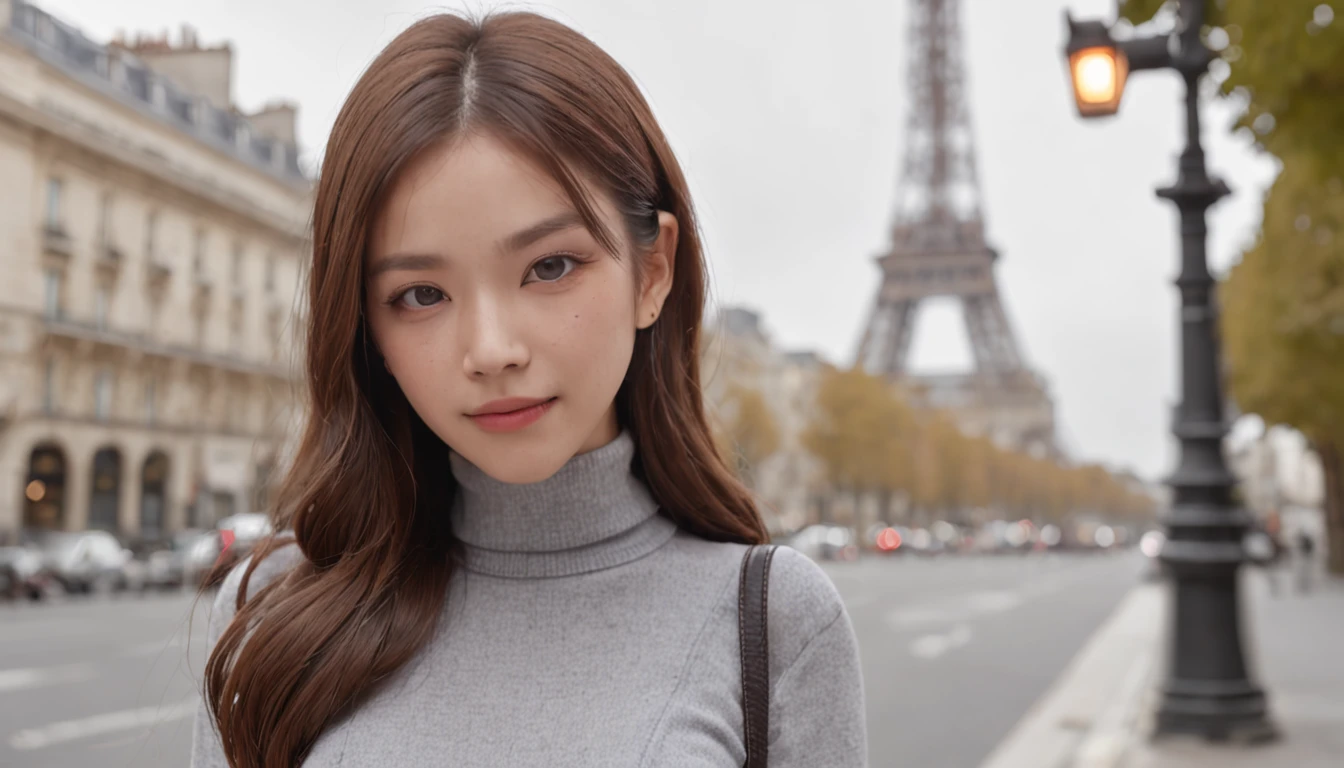 (8K、top-quality、masterpiece:1.2)、 (realisitic、Photorealsitic:1.37)、 ultra-detailliert、DJ Soda、 1 girl in、full body Esbian、Wearing a turtleneck sweater and skinny jeans、Stand in the streets of Paris with the Arc de Triomphe in the background、 cute little、独奏、 Beautiful detailed sky、 (A smile:1.15)、(Mouth closed)、 tiny chest、 beatiful detailed eyes、 (length hair:1.2)、 Floating Hair Novafrog Style、