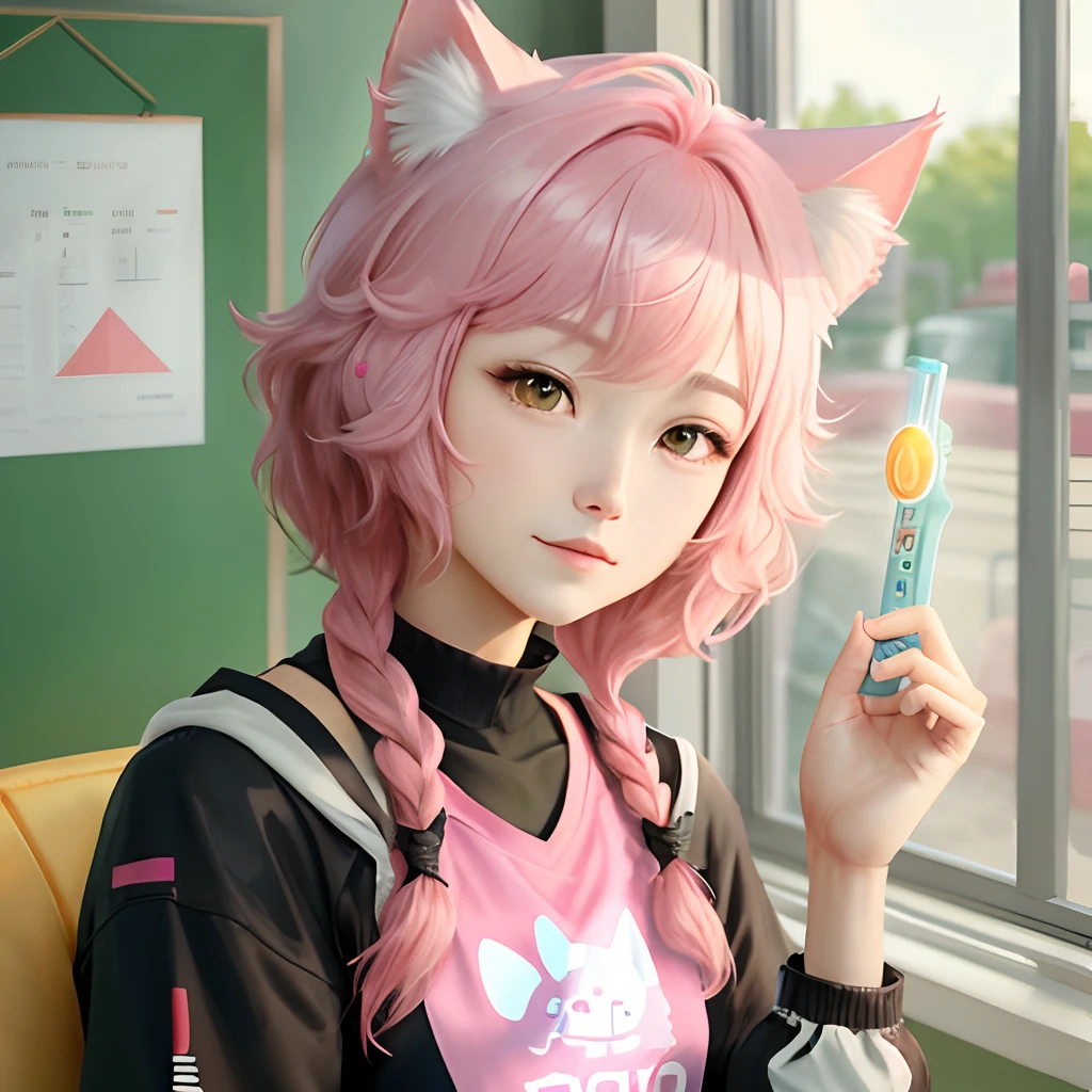 A pink-haired，cat ear，quadratic element