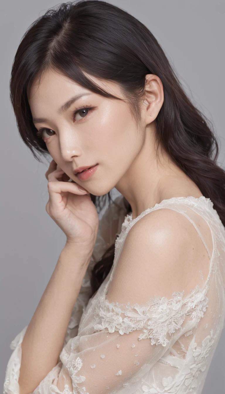 age 40s,A Japanese Lady,Black medium hair,White dress,photos realistic, Black medium long hair, expressive and striking black eyes, Delicate features, defined cheekbones, Soft, rounded chin. bright skin in natural tones,,, Healthy and radiant appearance, 1.68 to 1.Height 70 meters, Slim and athletic, Soft curves. Elegant and sensual attire, Elegant and modern style, Formal and sophisticated clothing.masutepiece.