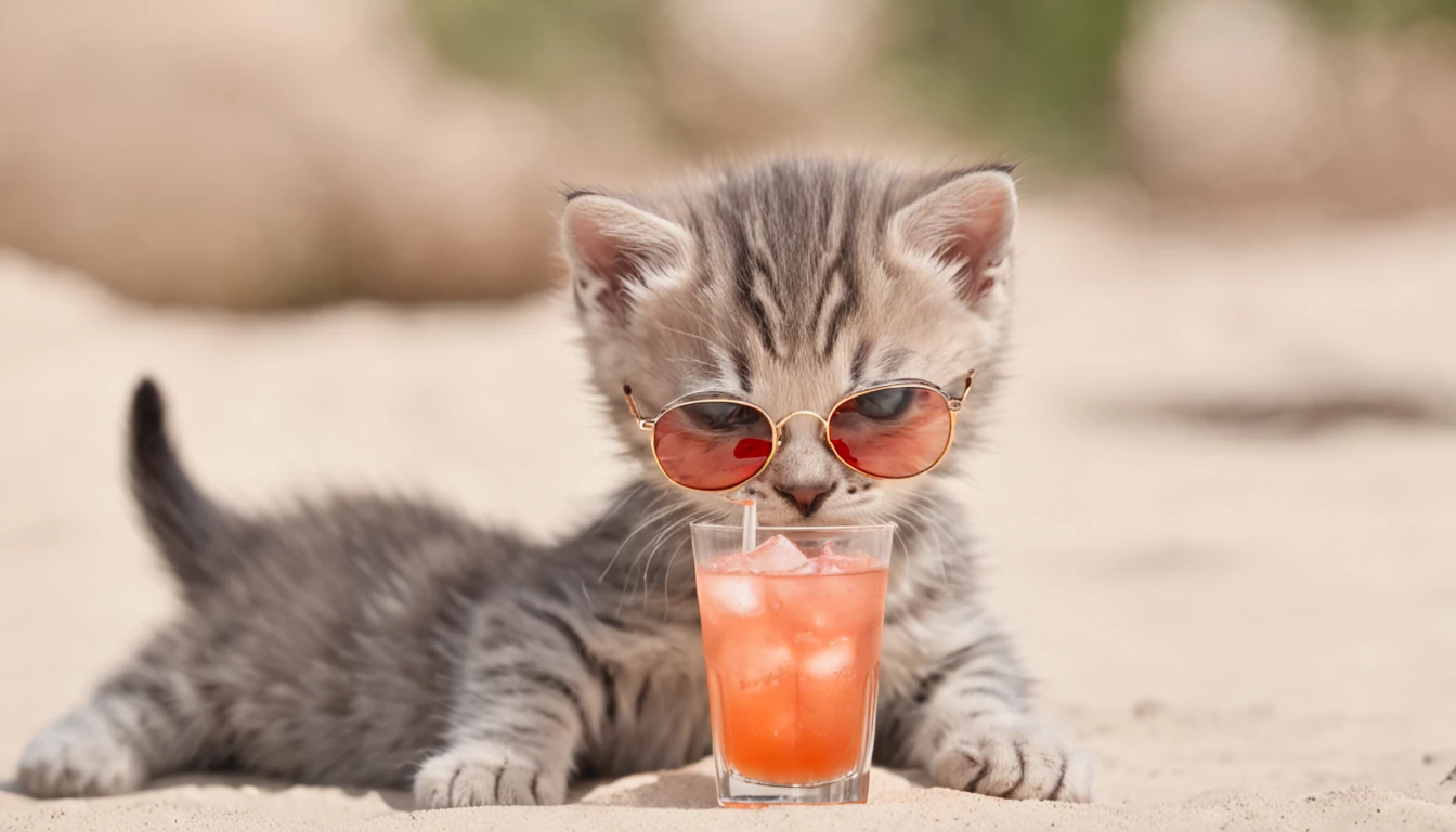 kittens with sunglasses drinking cocktail, on the beach, photo, party