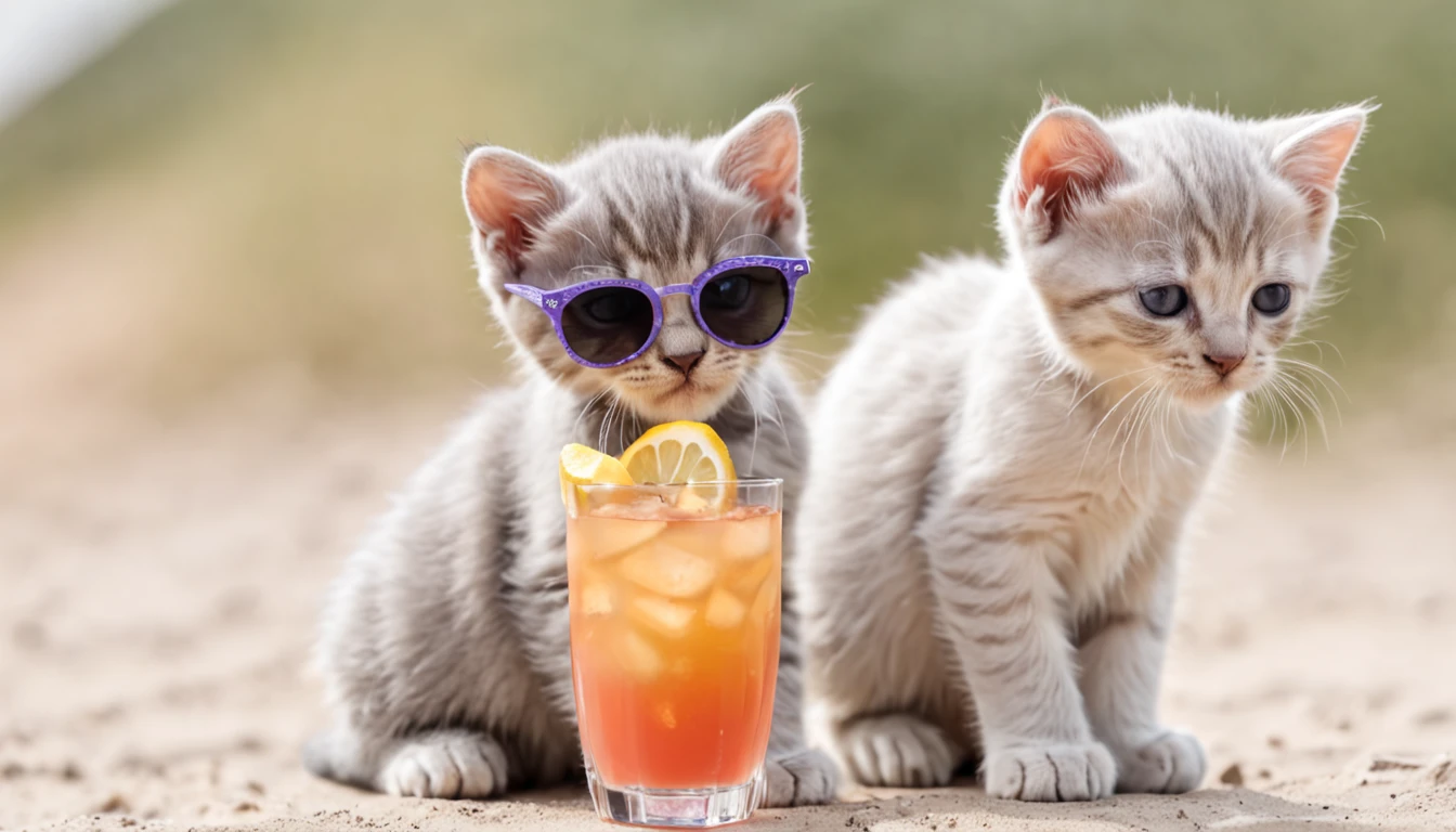 kittens with sunglasses drinking cocktail, on the beach, photo, party