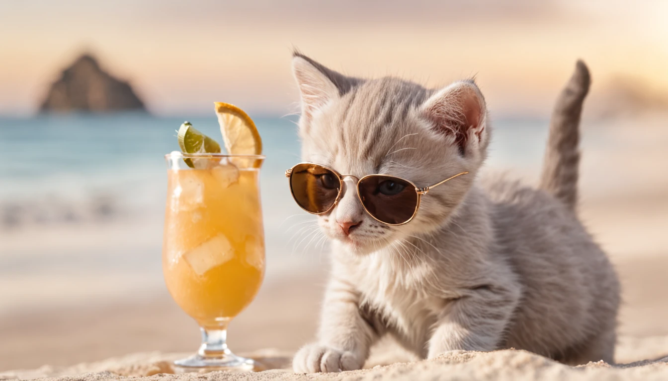 a cat drinking beer on the beach at sunset with buildings behind