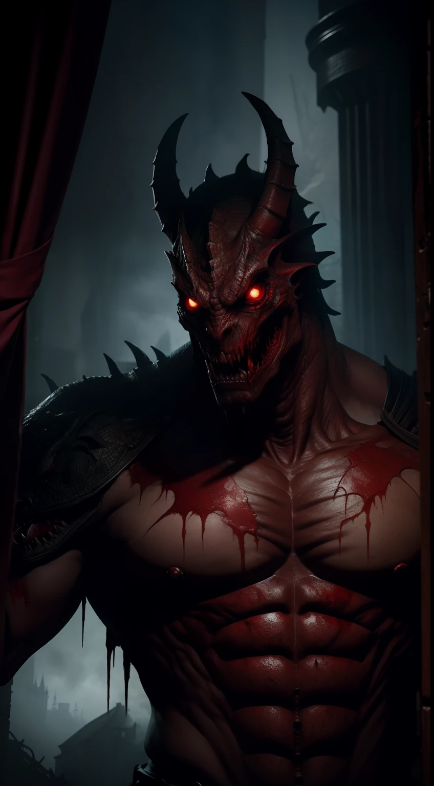 monster-body, dragon-head, blood-castle, creepy-style, bloody, horror
