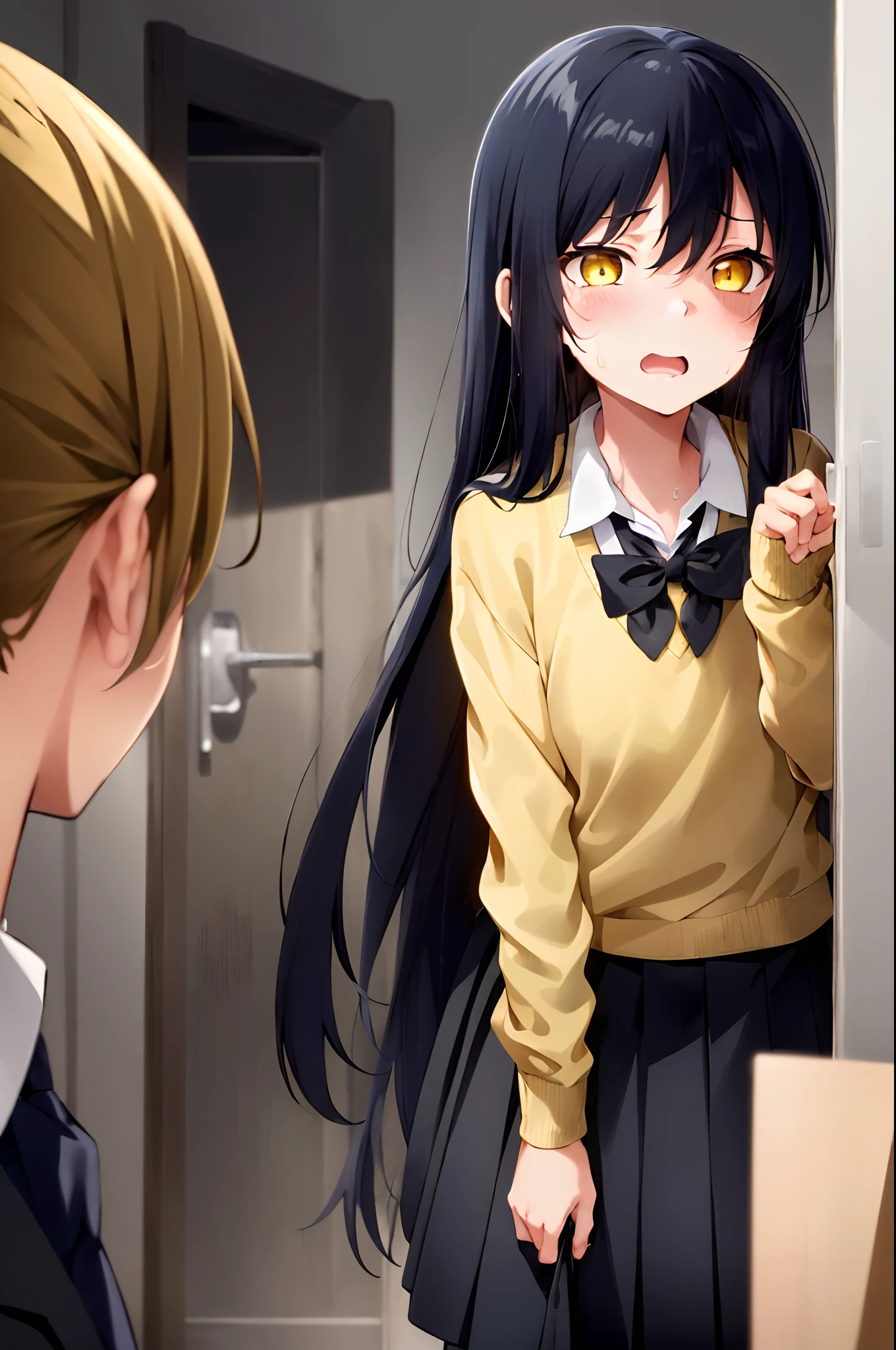 (mieruko:1.3), 1girl, standing, scared, tears, sweat drips, yellow sweater, black tie, school uniform, yellow detailed eyes, long black hair, big eyes, (open mouth:0.1), detailed pupils, hdr shadows, horror \(theme\), indoors, creepy background, creepy monster, monster