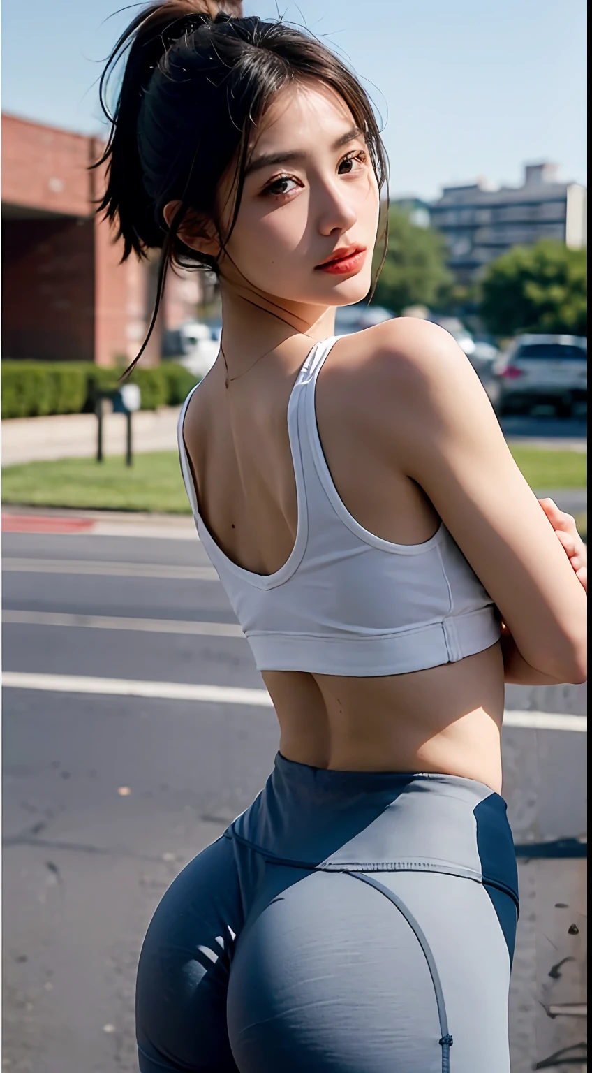 ((Top Quality、8K、masterpiece:1.3))、a tall and beautiful woman、Perfect Figure:1.4、Slim Abs、dark brown hairstyle、shorth hair、Light grey yoga pants、No postural movement、Stand up straight、Huge bust、Highly detailed facial and skin texture、A detailed eye、Double eyelidd、Cold-stricken face、Royal sisters full of fans、The Telegraph Svion、peach buttocks、Small sports bra、squart、(Raw foto:1.2)、((Photorealcitic:1.4))Top Quality、masterpiece、illustratio、very delicate and beautiful.、super detailed CG、Unity、8K photo wallpaper、delicate detail、best qualtiy、Highly detailed CG unity 8k wallpaper、absurderes、Incredibly Absurd、huge file size、extremely highly detailed、Hight Resolution、ighly Details、Beautiful detail girl、extremely detailed eyes and face、beautiful delicate eyes、Facial light、cinematic lightings、1girll、see -through,Watch your audience,plein air,Sunny and cheerful、high ponytail、a sporty girl、ulzzang-6500、The Telegraph Svion、yoga clothes、Sportsgirl、gym、Tranning、Exercise、machinery, Fluorescent color