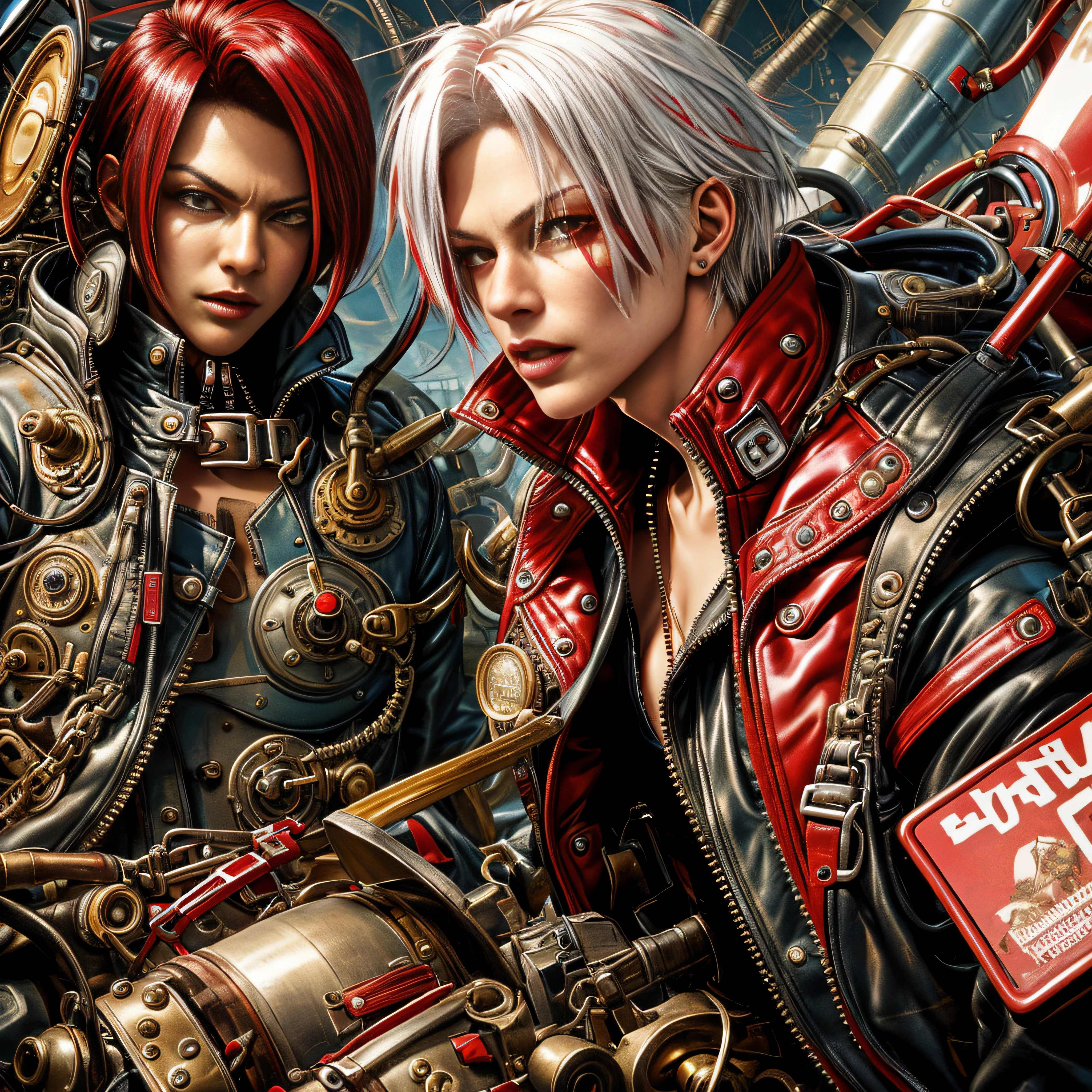 steampunk, sexy woman, short pants,, (red polyvinyl Jacket With Rivets:1.3), (floating white hair:1.4), (open zipper:1.5), (sexy:1.5), (erotic:1.5), best quality, sunlight, detailed face, gorgeous eyes, realistic skin details, high quality, seen from below, translucent, (voluptuous:1), sensual, lascivious, dominant, romantic, high quality, film grain, Cinematic Light, sidelighting, sharp focus