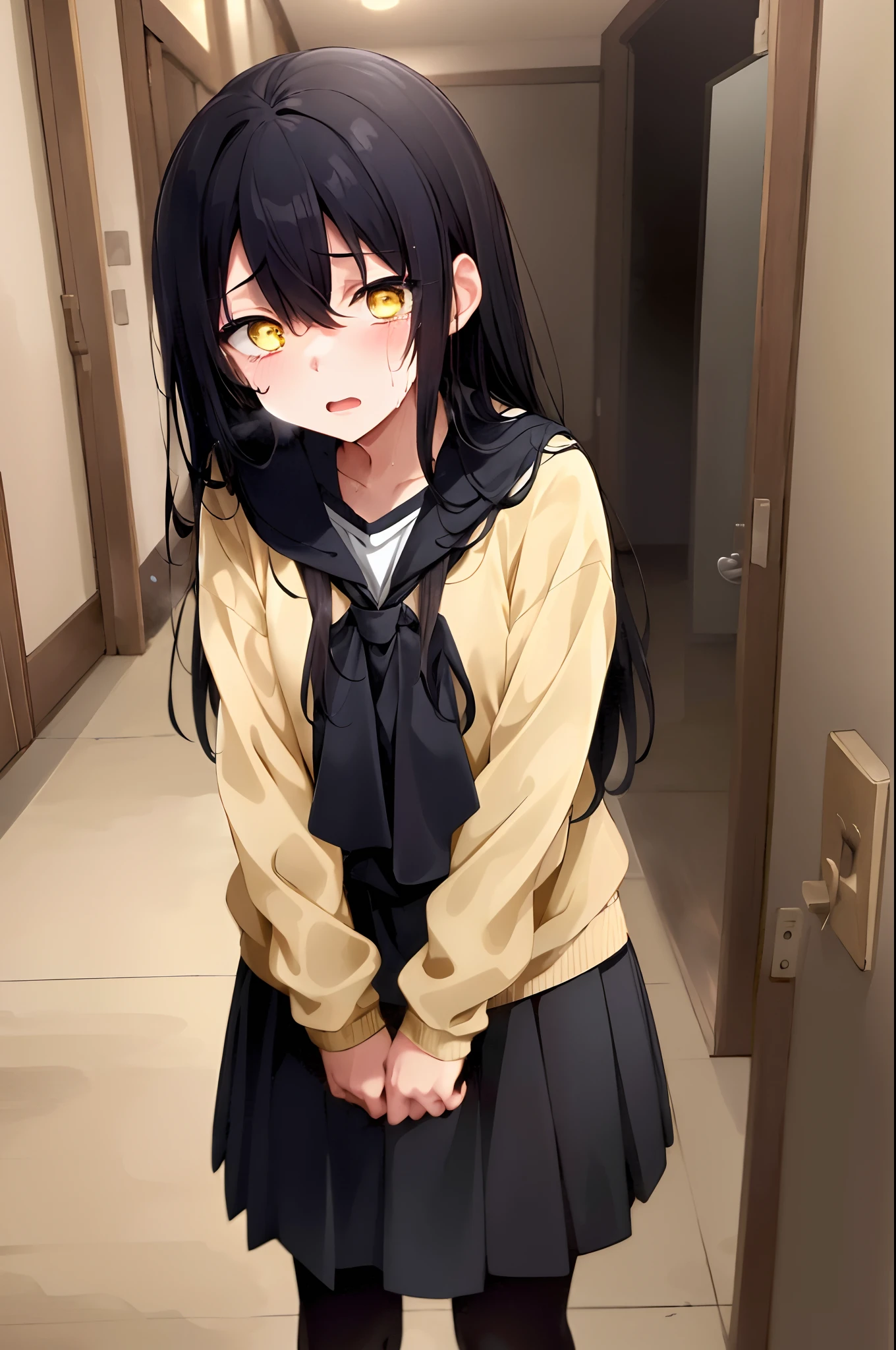 (mieruko:1.3), 1girl, standing, scared, tears, sweat drips, yellow sweater, black tie, school uniform, yellow detailed eyes, long black hair, big eyes, (open mouth:0.1), detailed pupils, hdr shadows, horror \(theme\), indoors, creepy background, creepy monster, monster