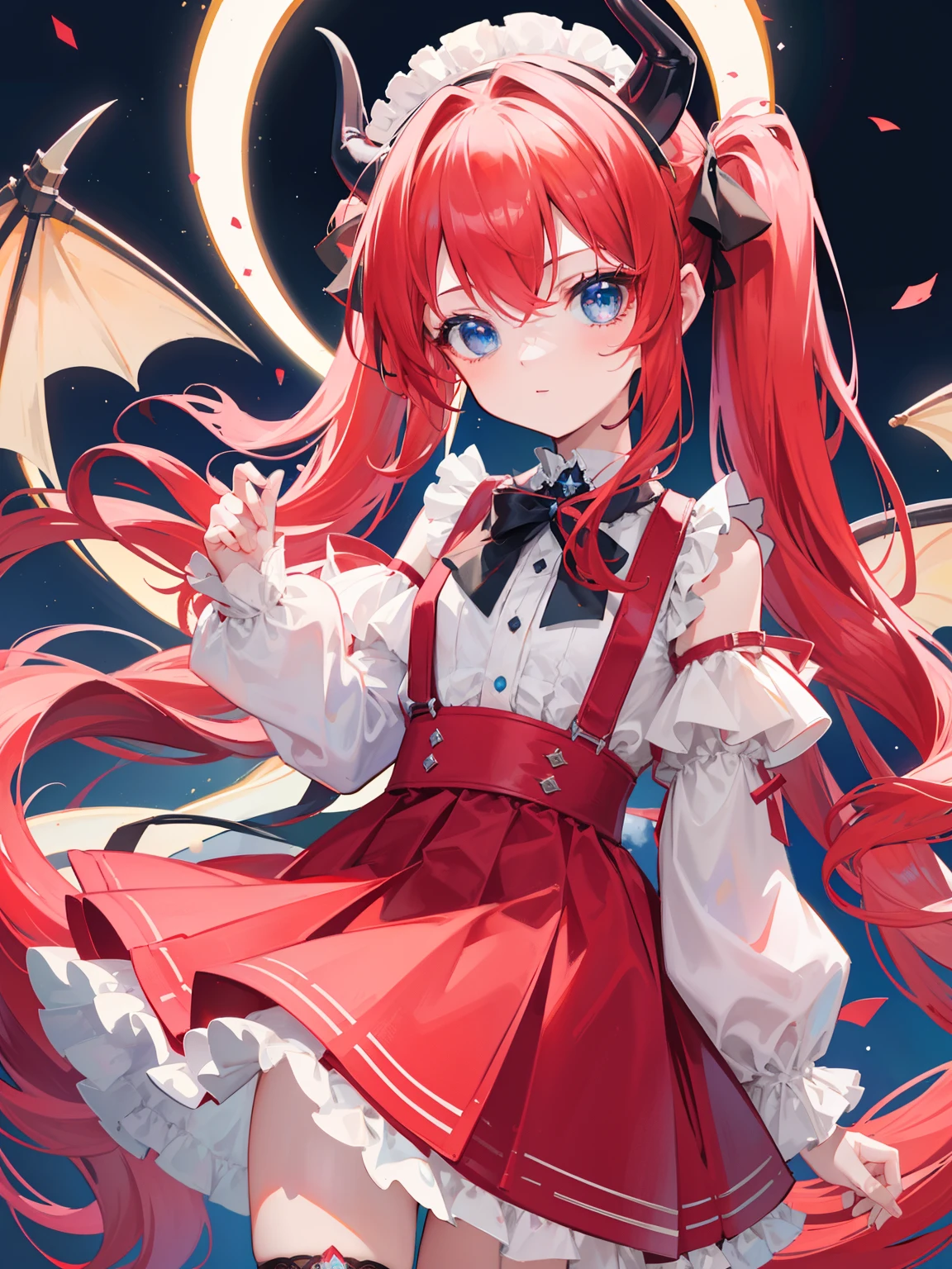 {{best quality}}, {{masterpiece}}, {{ultra-detailed}}, {illustration}, {detailed light}, red hair,blue eyes,twintails,lolita,Suspenders skirt,Fantastic,loli,solo,Dragon horns,little girl,long hair