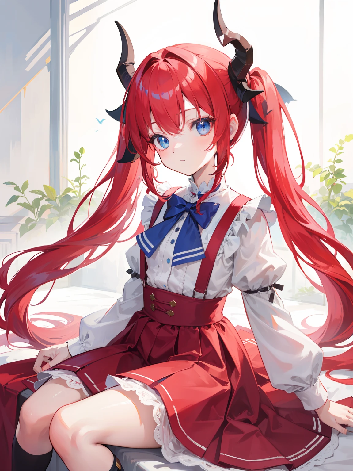 {{best quality}}, {{masterpiece}}, {{ultra-detailed}}, {illustration}, {detailed light}, red hair,blue eyes,twintails,lolita,Suspenders skirt,Fantastic,loli,solo,Dragon horns, girl,long hair