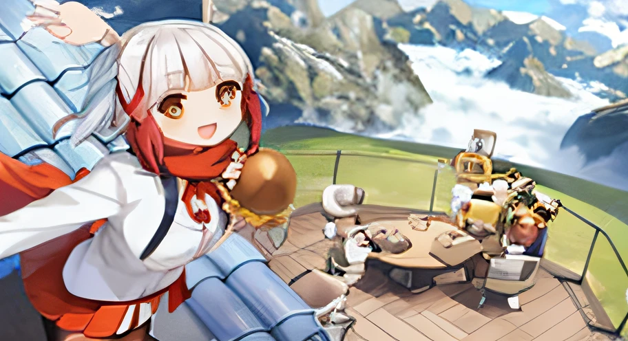 Anime characters standing on deck，You can see the mountain view, , azur lane style, A scene from the《azur lane》videogame, 《azur lane》role, ragnarok online, Pisif 3DCG, offcial art, Splash art anime Lolid cg, 2. 5 D CGI anime fantasy artwork, Pisif, anime big breast! 4 k''