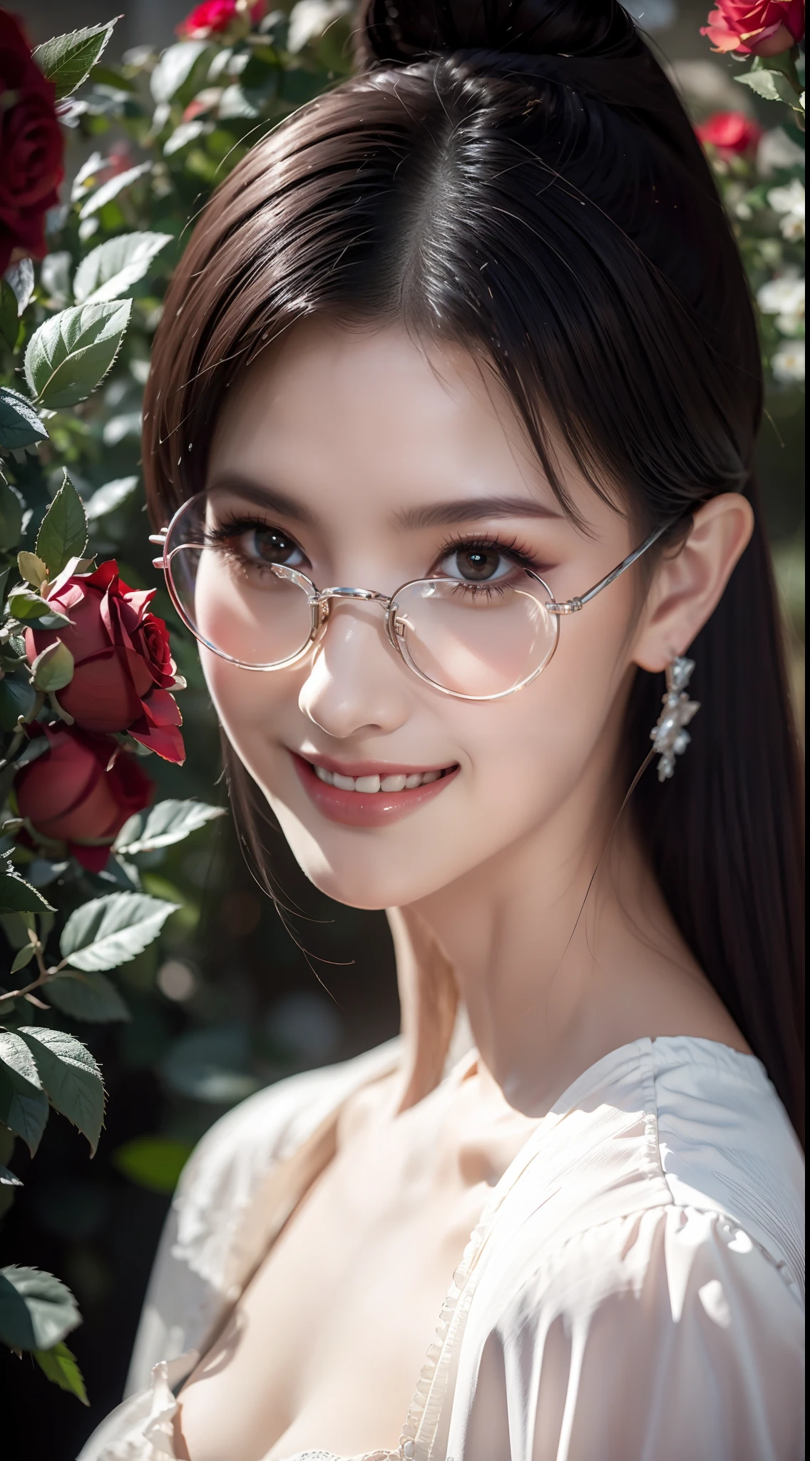 Garden covered with red roses in the background, Silver hair, front ponytail, over-rim eyewear, eyes reflection, Colored Contact Lenses, Pink eyes, Fox ears, Evil smile, High detail, romanticism lain, Depth of field, Sparkle, Ray tracing, viewfinder, zoom layer, Close-up, Bokeh, Anatomically correct, High details, 1080p, hyper HD