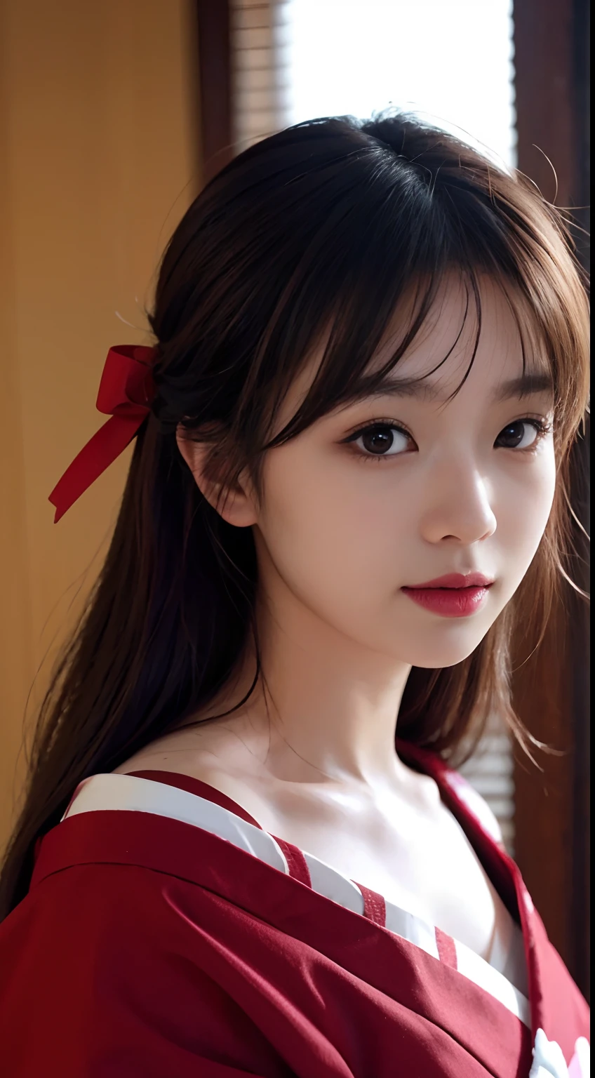 Unbeatable masterpiece, Ultra photo realsisim, Perfect artwork, Intricate details, Best quality, strong lights,High contrast, masutepiece , Best quality , offcial art ,the Extremely Detailed CG Unity 8K Wallpapers ,1girll , Solo , Realistic , Makeup , A high resolution , full body Esbian , view the viewer , Smile, bangs , Bare shoulders , Brown hair ,crossed bangs , hair between eye , Japanese style costume , komono , Long ,Mask , masks on head , cropped shoulders , cparted lips , Red eyes , red kimono , Red ribbon ,bow ribbon , sash , skyporn , Solo , striped ribbon ,taihou \(Rainel Blue) , double tails , Very hairy , Wide sleeves , (Shiny skin) ,