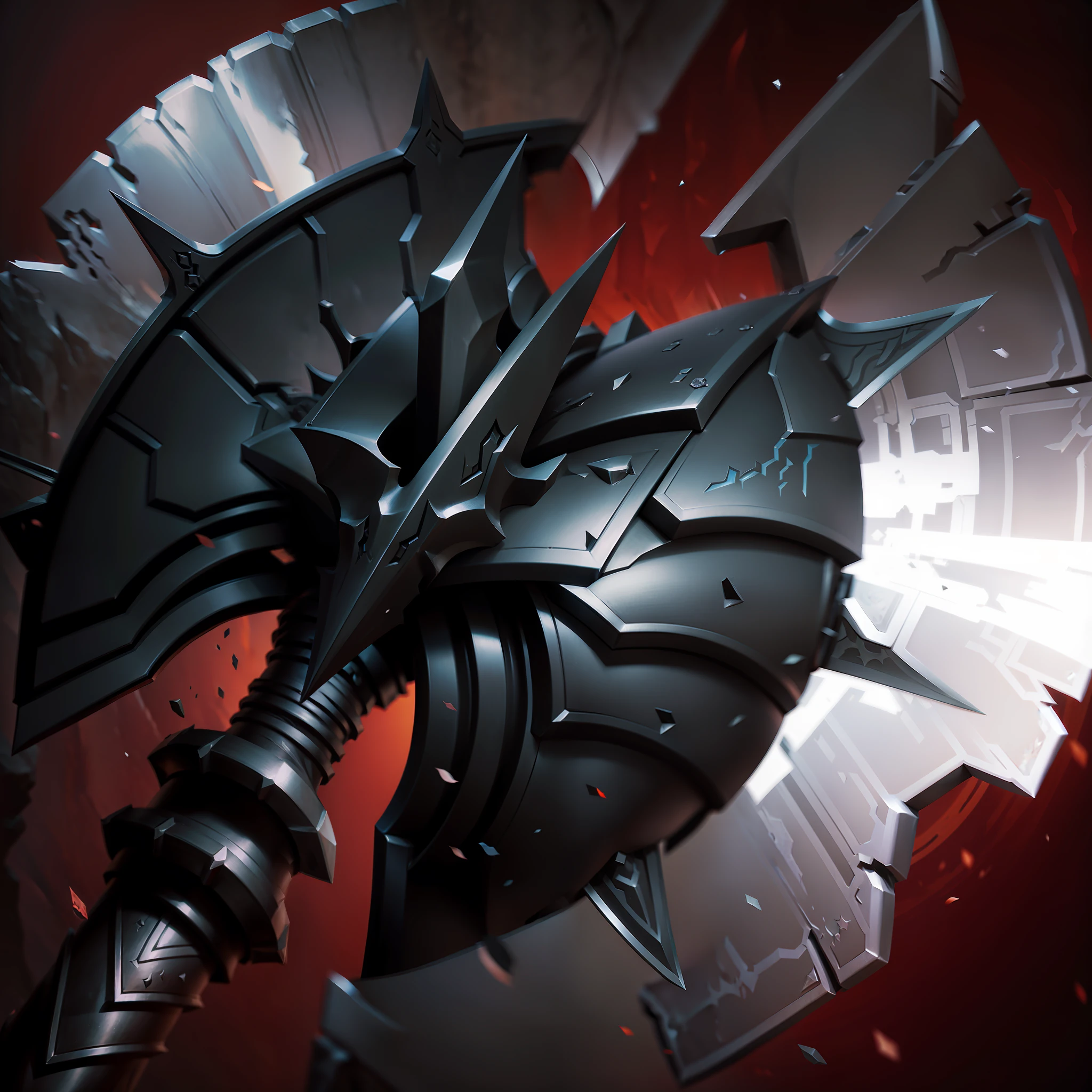there is a large metal object with a large blade on it, epic fantasy weapon art, brutal shapes high detail 8k, concept art | dyson, sharp edges. octane render, polycount contest winner, halberd, war blade weapon, fantasy style 8 k octane render, hammer weapon, battle axe, fantasy rpg weapon art, warcraft blizzard weapon art, fantasy weapon