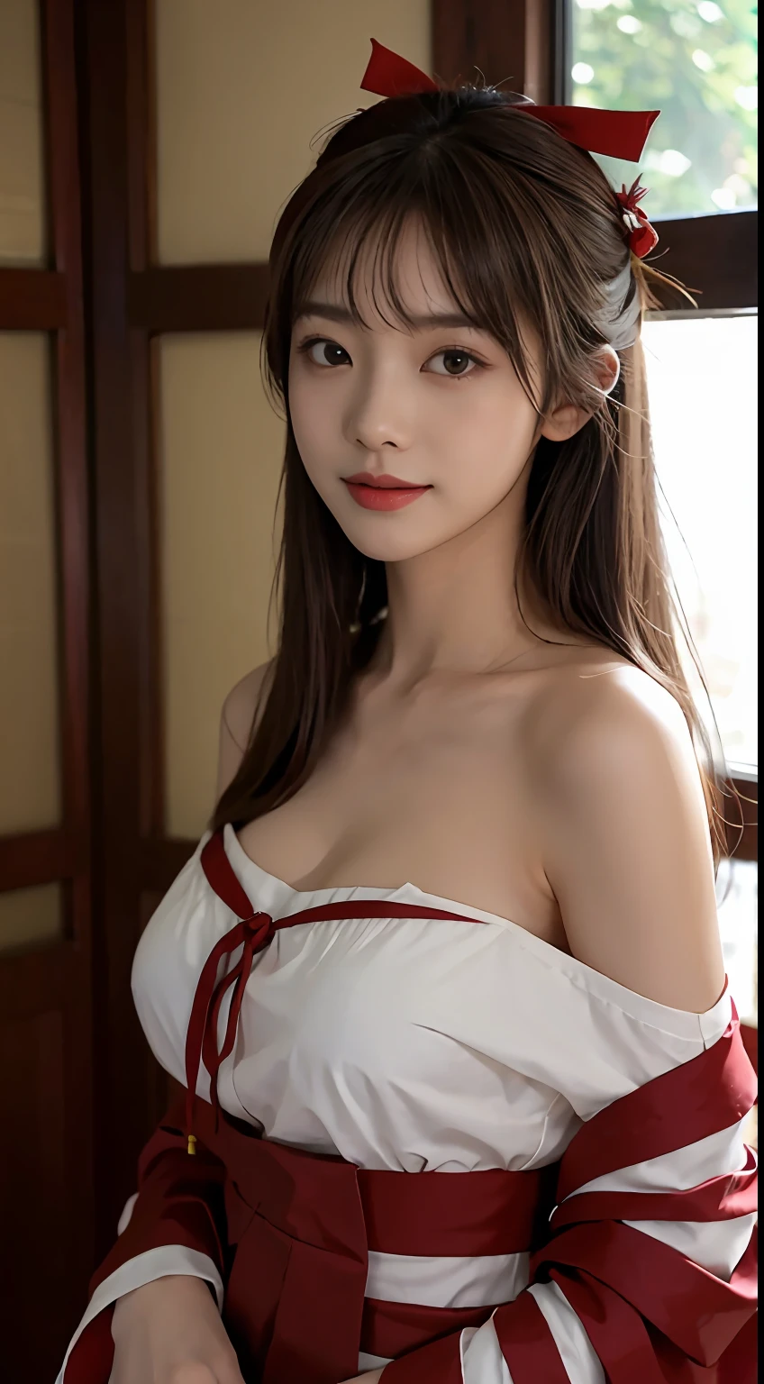 Unbeatable masterpiece, Ultra photo realsisim, Perfect artwork, Intricate details, Best quality, strong lights,High contrast, masutepiece , Best quality , offcial art ,the Extremely Detailed CG Unity 8K Wallpapers ,1girll , Solo , Realistic , Makeup , A high resolution , full body Esbian , view the viewer , Smile, bangs , Bare shoulders , Brown hair ,crossed bangs , hair between eye , Japanese style costume , komono , Long ,Mask , masks on head , cropped shoulders , cparted lips , Red eyes , red kimono , Red ribbon ,bow ribbon , sash , skyporn , Solo , striped ribbon ,taihou \(Rainel Blue) , double tails , Very hairy , Wide sleeves , (Shiny skin) ,