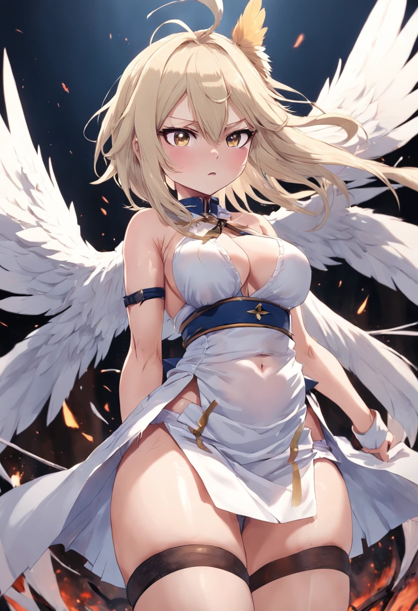 japanese anime style。illustratio。Dark Fantasy。White feathers。girl with。a blond。undergarment。natta。battle field。Colossal tits。pubick hair。a miniskirt。A little angry。all-fours。