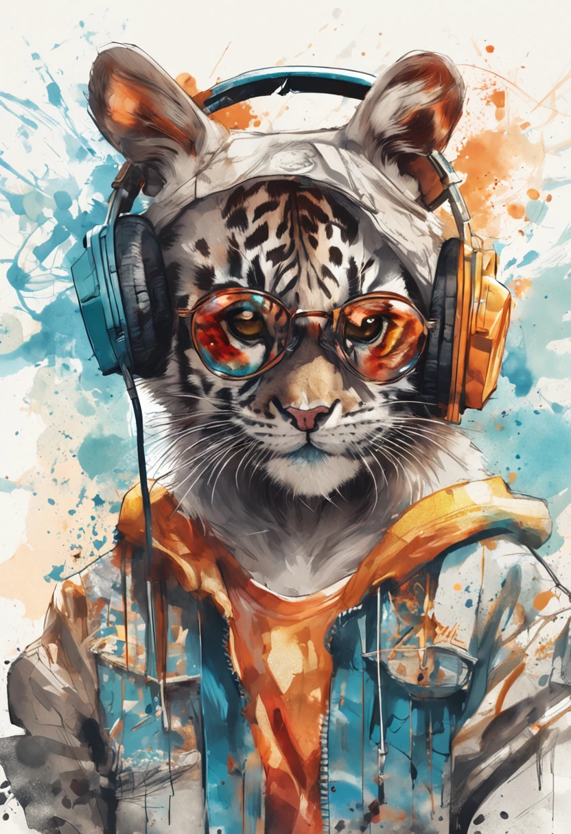 Perfect centering, A cute little tiger, Wear a student team jacket, Wearing sunglasses, Wearing headphones, cheerfulness, Standing position, Abstract beauty, Centered, Looking at the camera, Facing the camera, nearing perfection, Dynamic, Highly detailed, smooth, Sharp focus, 8K, high definition resolution, illustration, Art by Carne Griffiths and Wadim Kashin, White background
