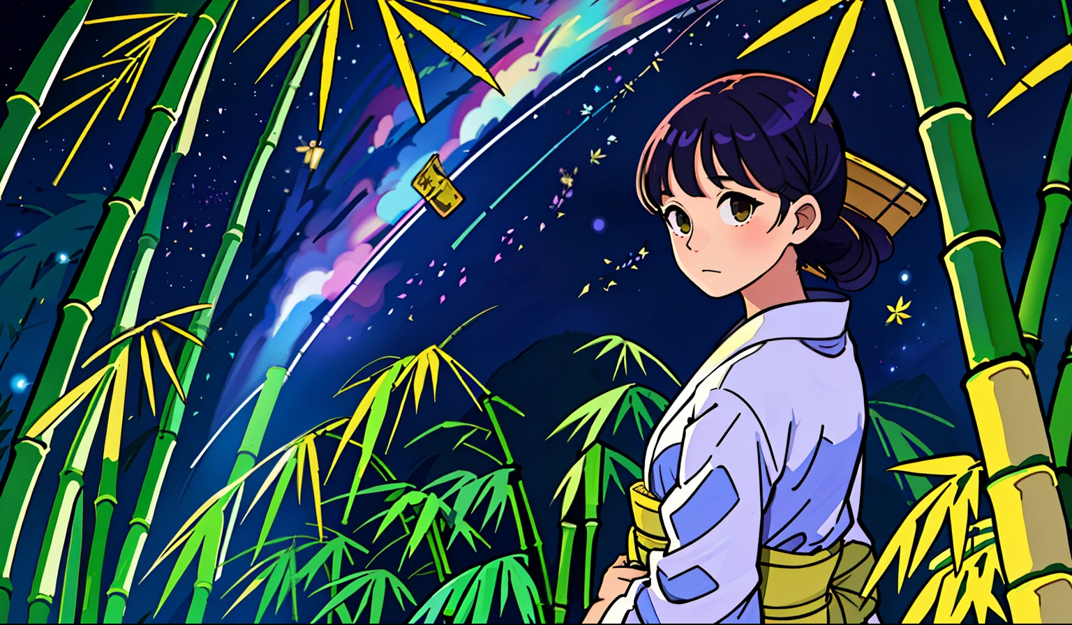 Beauty, 25 years old, countryside, yukata, night, starry sky, ((Tanabata (Tanabata / Bamboo leaves, strips)),