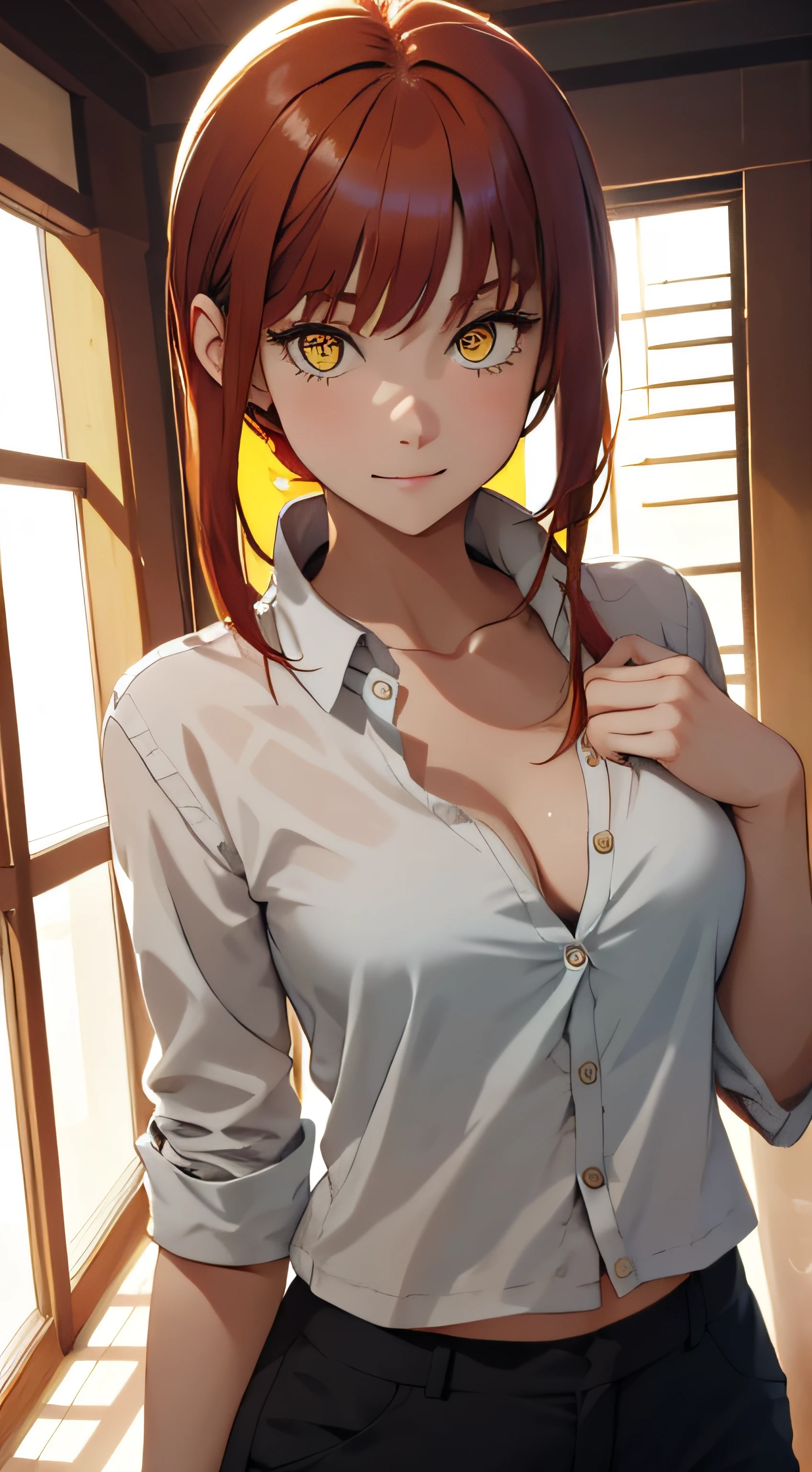 (masterpiece, best quality:1.2), solo, 1girl, red hair, yellow eyes, makima,, unbuttoned shirt with collar, on the chest, a lot of, black unbuttoned pants, wide hips.
