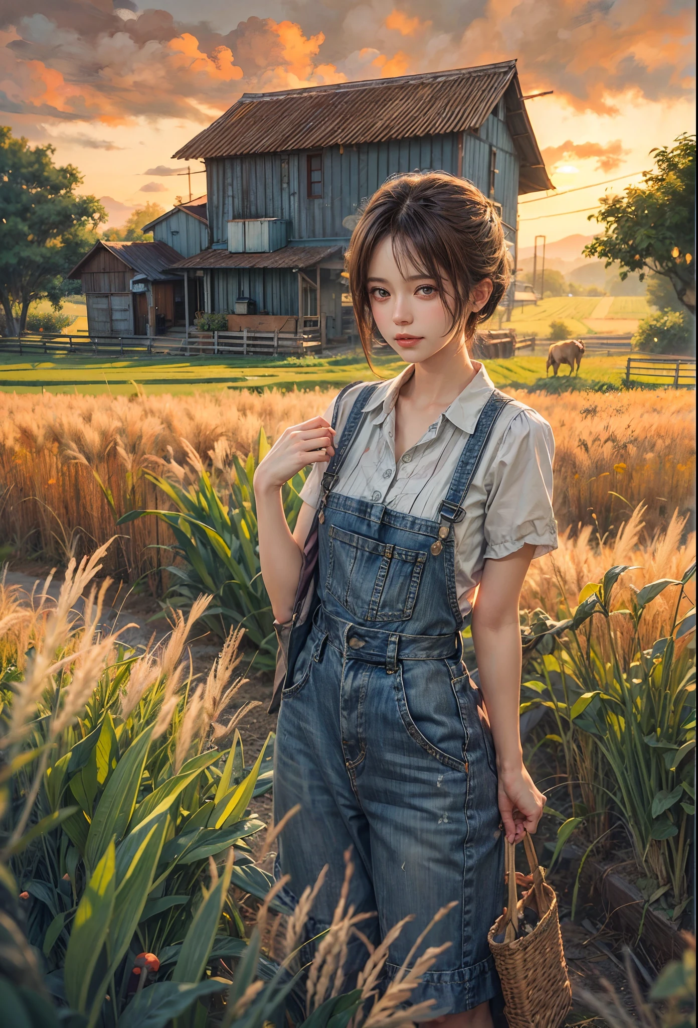 masterpiece, mid shot, anime style, highly detailed, concept art, oil painting, gouache, hard brush, centered, catgirl as a farmer, rice field, farmhouse background, farm life, cozy, award winning, vibrant color, gibli inspired, harvest moon, makoto shinkai, panoramic, HD,