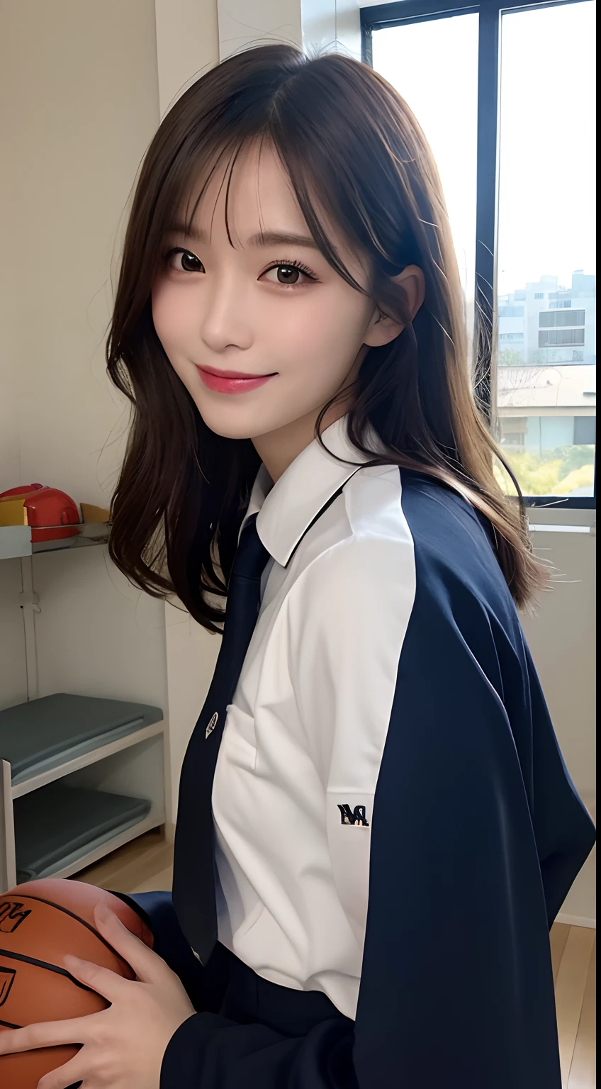 masutepiece, Best Quality, Illustration, Ultra-detailed, finely detail, hight resolution, 8K Wallpaper, Perfect dynamic composition, Beautiful detailed eyes, doress,Medium Hair, mid-chest, Natural Color Lip, Random and sexy poses,Smile,lifelike face、basketball、Gymnasium、inside in room、uniformss、Exposed
