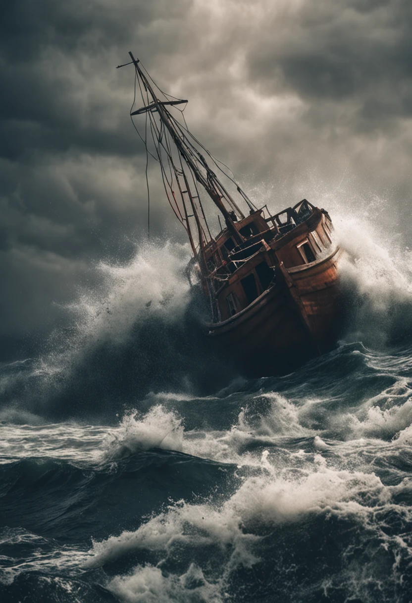 Several African people struggling on an old boat in the midst of a dramatic storm ♦ rough sea ♦ some individuals plunged into the dark depths.