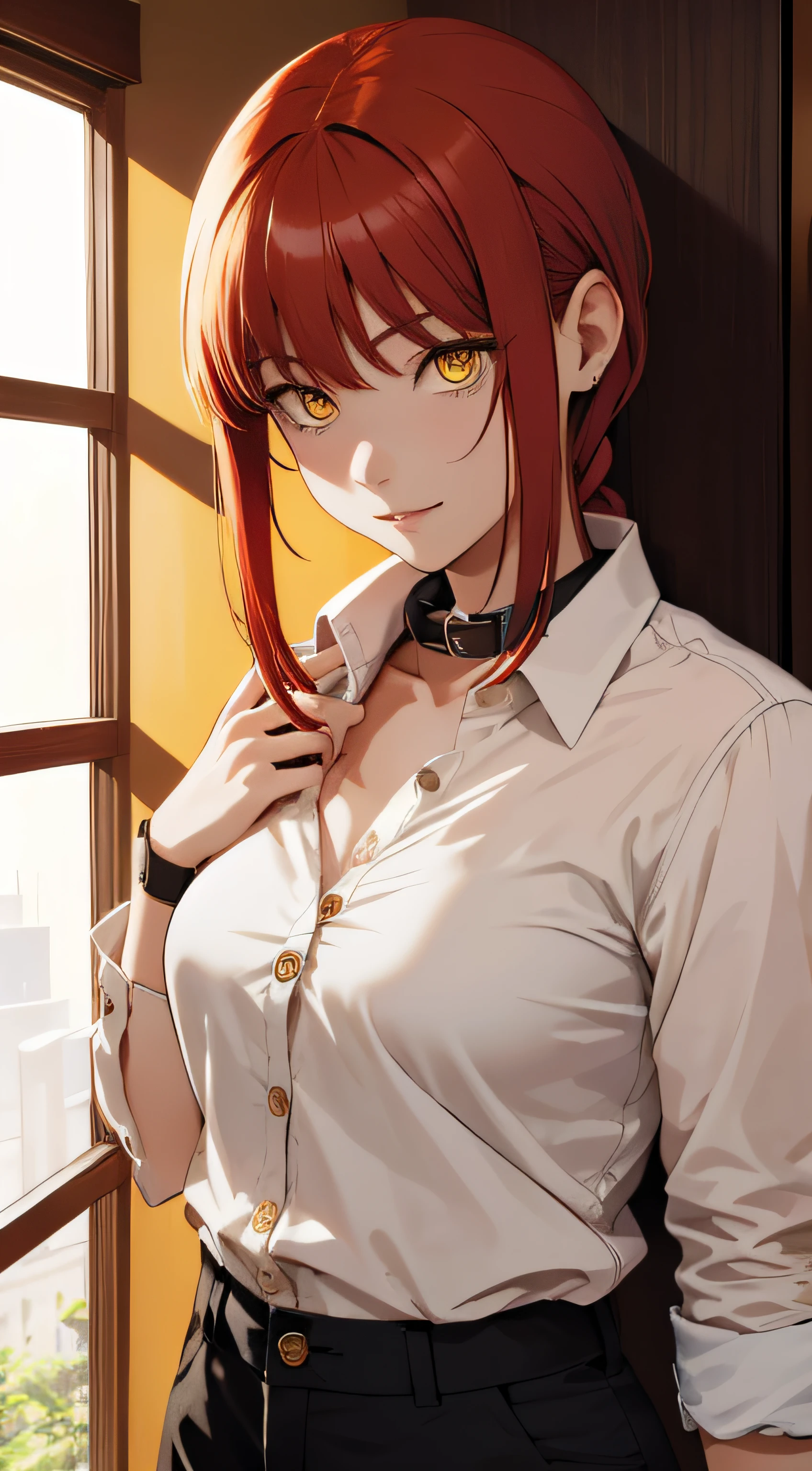 (masterpiece, best quality:1.2), solo, 1girl, red hair, yellow eyes, makima,, unbuttoned shirt with collar, on the chest, a lot of, black unbuttoned pants, wide hips.