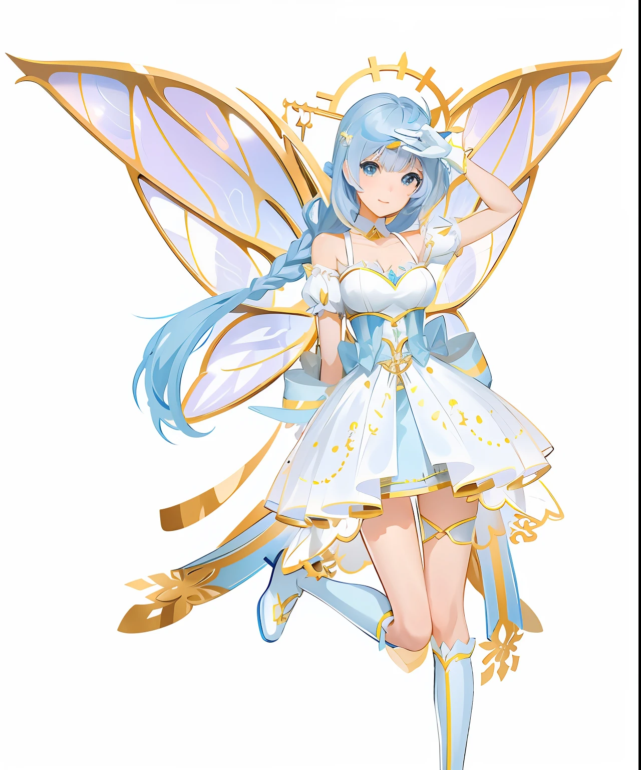 Anime fairy with blue hair and white dress, smiling as a queen of fairies, astral fairy, official character art, pixie character, ethereal wings, official character illustration, , Beautiful fairy, high detailed official artwork, offcial art, beautiful adult fairy, pretty anime character design, with beautiful wings, Fairy, High detail, Art germ. anime illustration，closeup cleavage，Need，super-fine，Semi-realistic