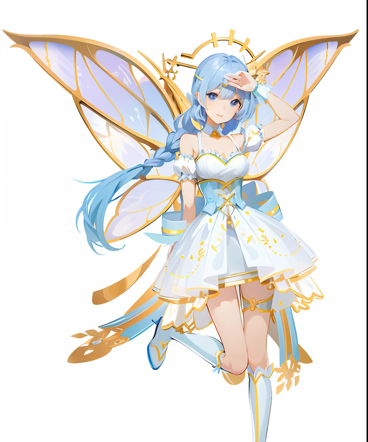 Anime fairy with blue hair and white dress, smiling as a queen of fairies, astral fairy, official character art, pixie character, ethereal wings, official character illustration, , Beautiful fairy, high detailed official artwork, offcial art, beautiful adult fairy, pretty anime character design, with beautiful wings, Fairy, High detail, Art germ. anime illustration，closeup cleavage，Need，super-fine，Semi-realistic