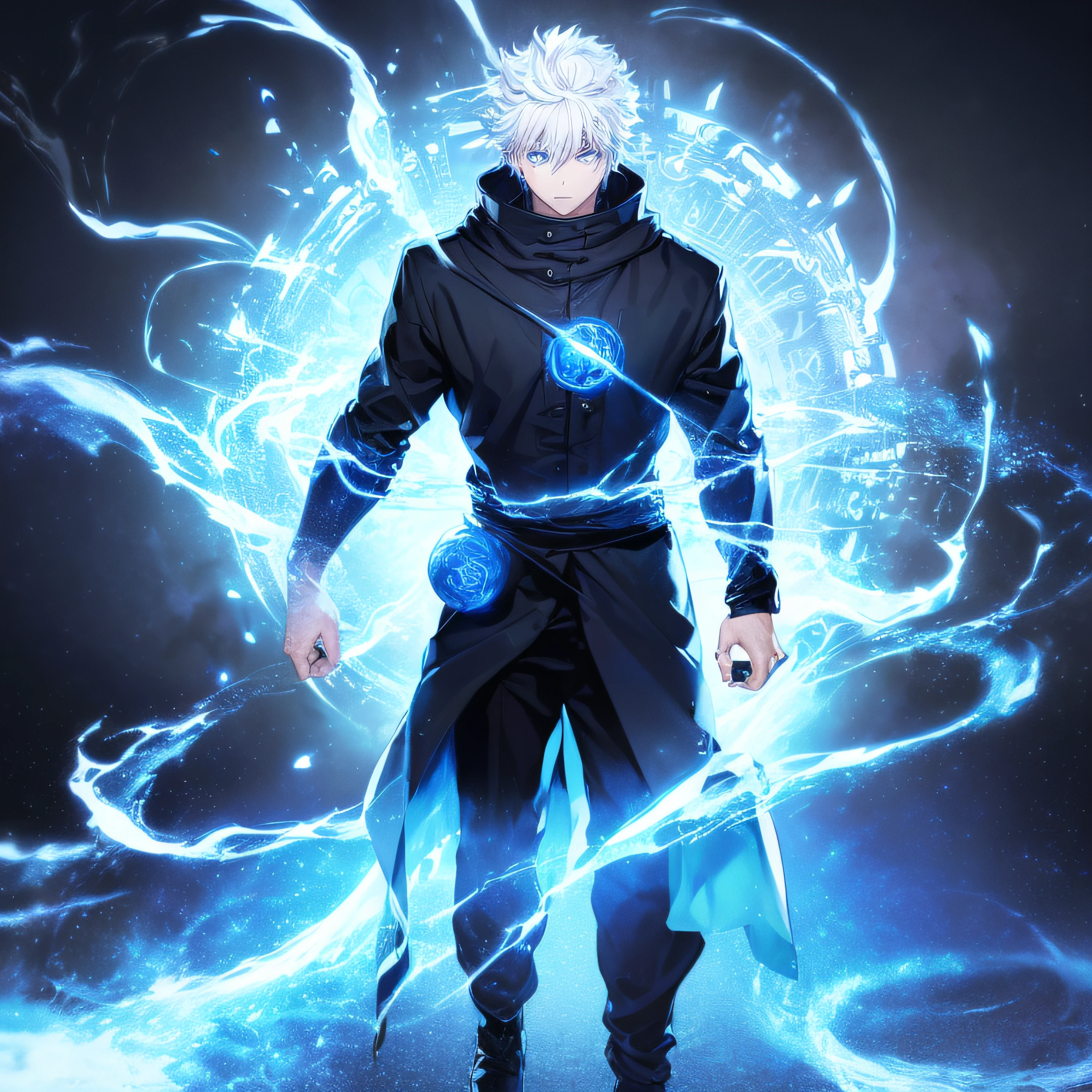(masterpiece, illustration, anime:1.3), 1 person, Satoru Gojo from Jujutsu Kaisen, (classic black attire:1.2), standing inside a temple at night, (messy white hair:1.1), (blue eyes emitting blue light:1.2), (calm expression:1.1), (uncovered eyes:1.1), (powerful presence:1.2), (mystical atmosphere:1.2), (subtle moonlight:1.1), (intricate temple architecture:1.2), (ominous shadows:1.1), (flowing robes:1.1), (detailed folds and creases:1.1), (intense blue aura:1.2), (symbols of power surrounding him:1.1), (magical energy radiating:1.2), (spellcasting gestures:1.1), (mysterious artifacts:1.1), (ethereal particles:1.1), (dynamic pose:1.2), (epic soundtrack:1.2), (sense of awe:1.1), (magical prowess:1.1), over power, power up, sphere, extreme, focused.