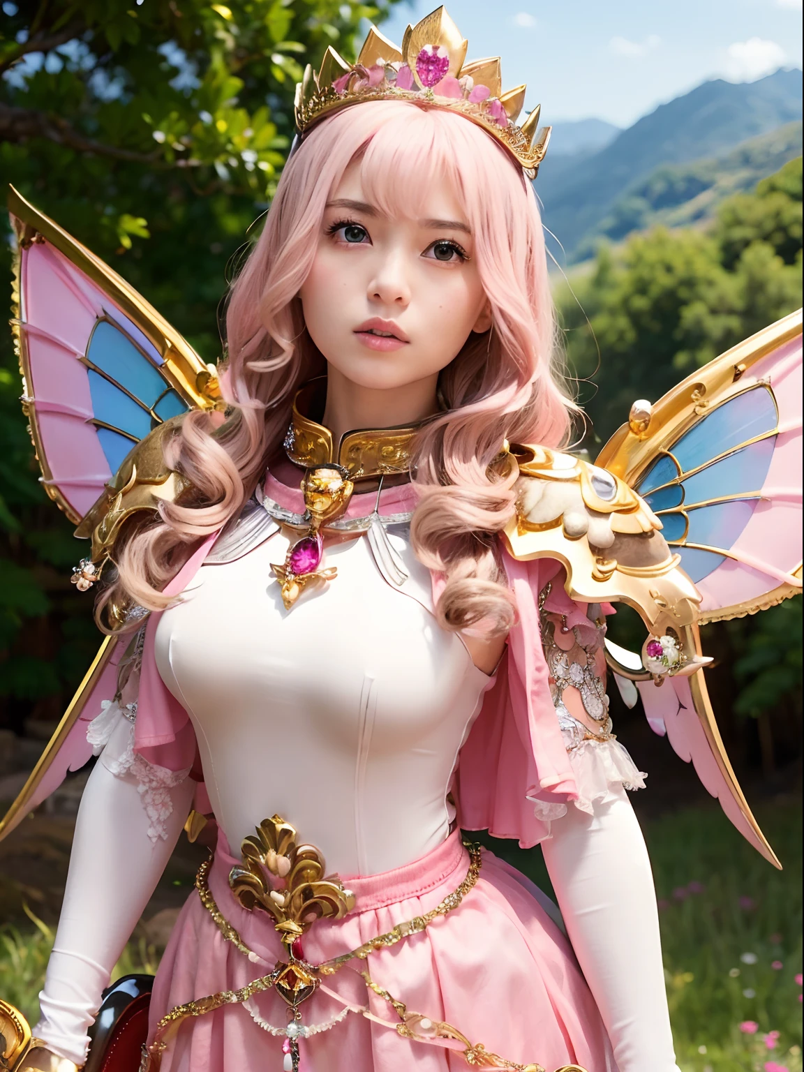 (masutepiece), Professional , masterpiece、top-quality、photos realistic , depth of fields (Gemstone Silver Metal Body:1.9),(Matte Pink、Jewel Gold Weapon、(Gorgeous castle background)、(ultimate beauty girl)、(Fairy wings grow on her back)、(Jewel Metal Body:1.9),Gorgeous Jewel Metal Weapons , Detailed Sword of the Brave ,( a blond) ,warhammer 40k , adepta sororitas,Detail and ornate jewel crown、独奏、Brown hair、(Gangle's forest background)、Beautiful Caucasian beauty、1a person、dynamic ungle,(((Diamond tiara with detail and luxury)))、a small face、Powerful poses、(Gorgeous castle background)、huge filesize、20 year old beautiful woman、Stand in the center of the screen、Thin female fingers、Straight long hair、Beautiful Caucasian beauty、Valley、Hair fluttering in the wind、