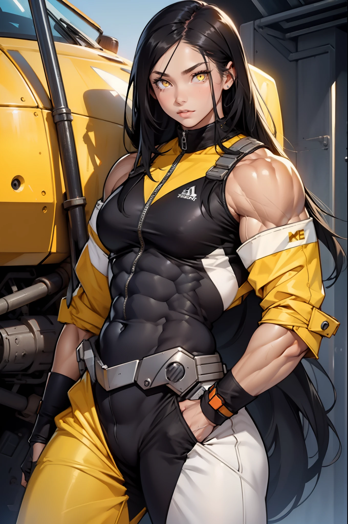 (((((1 girl))))), black hair, yellow eyes, very long hair, ((((((muscular)))))), tall, pale skin, pilot suit
