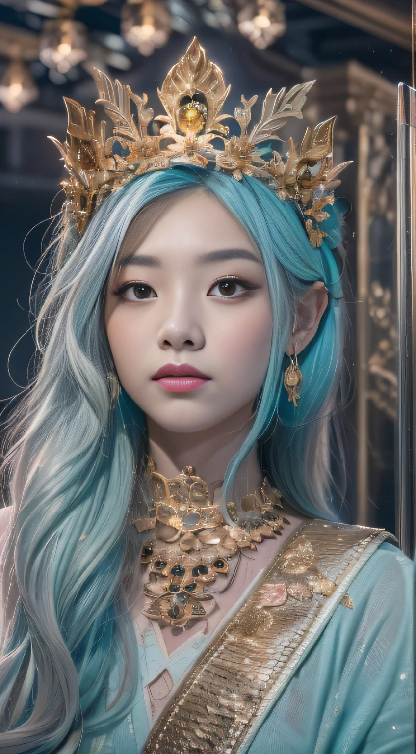 32k(tmasterpiece,k hd,hyper HD,32k)Short flowing light blue hair,Gold jewelry area in the back room,Female king ,Silver Gold Dragon Protector (realisticlying:1.4),Python pattern robe,Purple-pink tiara,Snowflakes fluttering,The background is pure,Hold your head high,Be proud,The nostrils look at people, A high resolution, the detail, RAW photogr, Sharp Re, Nikon D850 Film Stock Photo by Jefferies Lee 4 Kodak Portra 400 Camera F1.6 shots, Rich colors, ultra-realistic vivid textures, Dramatic lighting, Unreal Engine Art Station Trend, cinestir 800,Hold your head high,Be proud,The nostrils look at people,Short flowing light blue hair,Linen vest