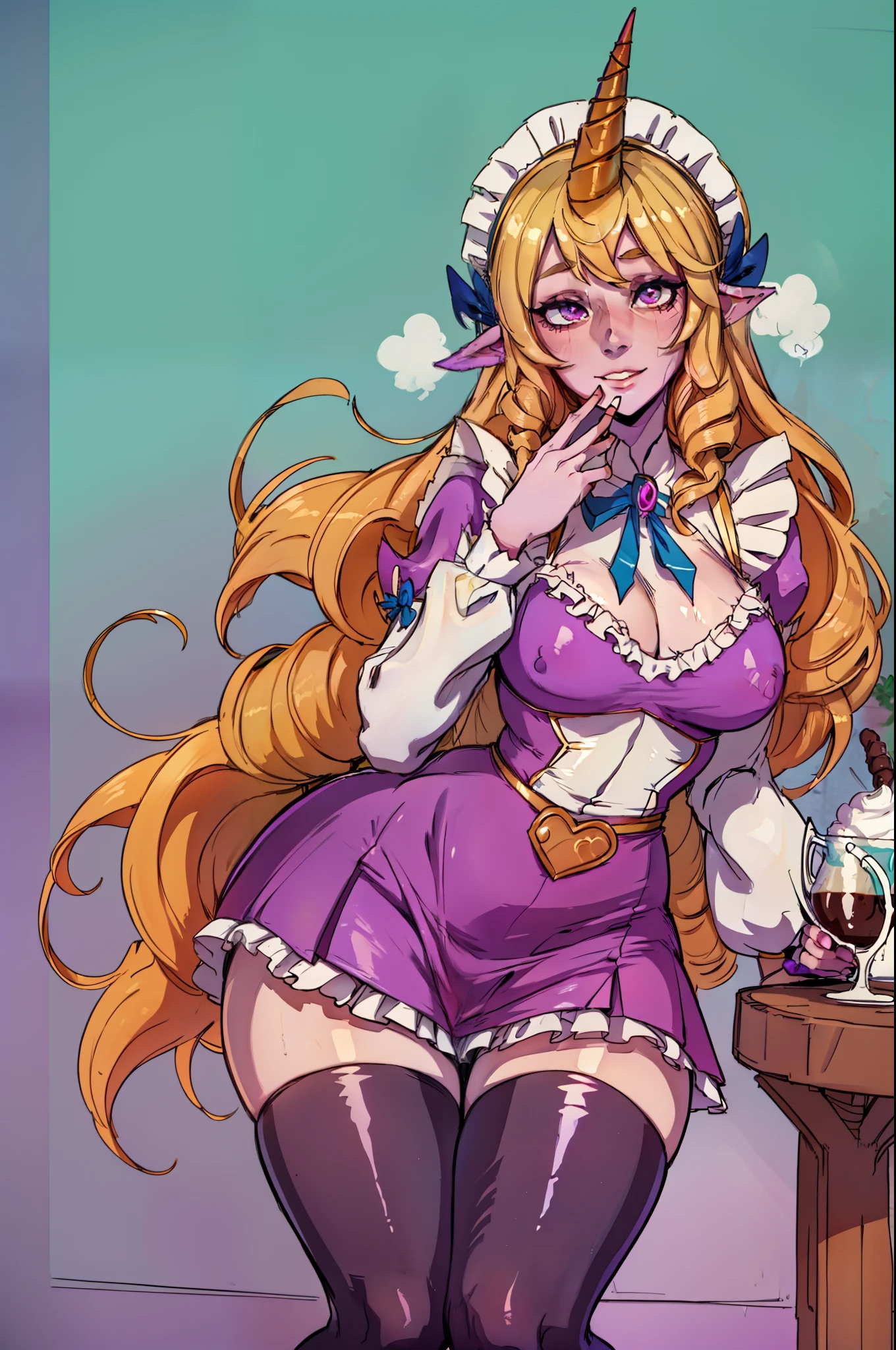 detailed cafe background, masterpiece, best quality, Cafe_Cuties_Soraka, purple skin, serving and offering a cup of coffee, one horn, cute maid outfit, master piece, best quality, anime style, detailed face, thicc thighs, socks, cute skirt