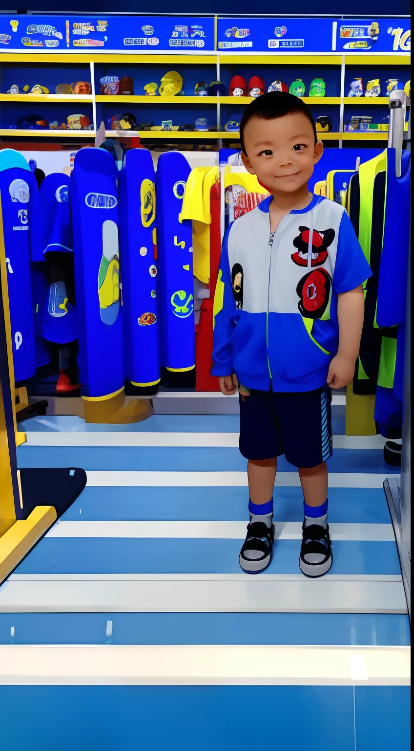 A little boy standing in a basketball hall, Wearing a blue basketball jersey,Lovely,friendly,Boy with short hair,Baby face,Happy smile,Bright round eyes,Long eyelashes,jinyiwei, Li Zixin, 8 year old, sunshine on body, inspired by Zhang Zongcang