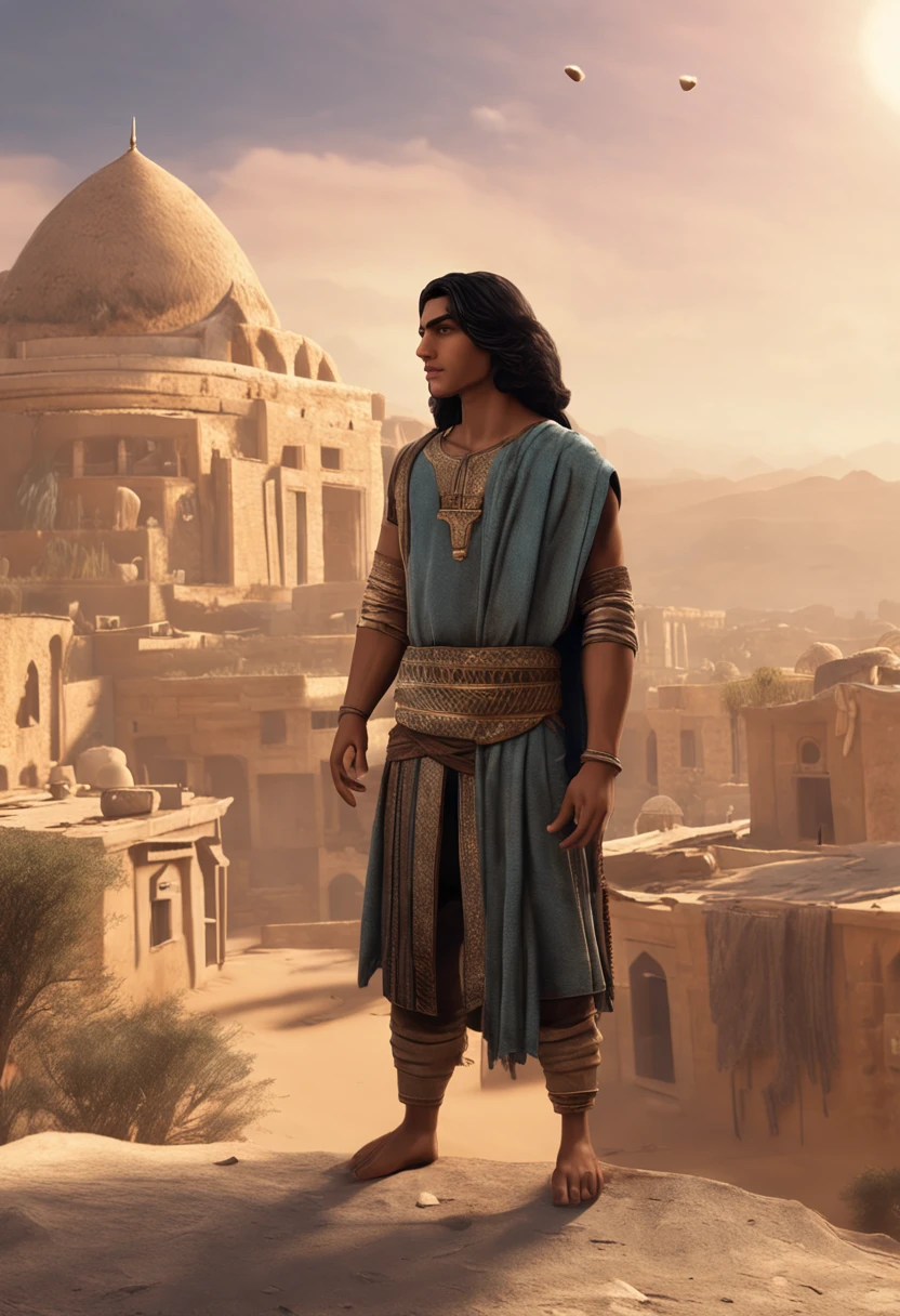 In ancient Baghdad, Imaginative concept art, inspired by Lora,  cartoon style, 2D, masterpiece, best quality, top quality, UHD, 4k, 8k, 32k, Sharp Focus, Full body, full body shot, Perfect Body, A handsome -old boymed aliala with long black hair, open eyes, clear cute face, and clothes similar to those of the ancient Middle East, Highly Detailed Face, Beautiful detailed face, very detailed faces, realistic face, character turnaround multiple action poses, character turnaround in fairly consistent manner