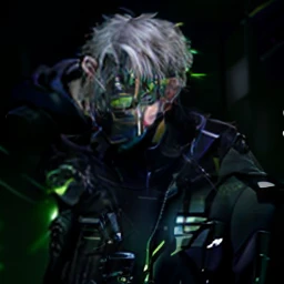 masterpiece, best quality, illustration, science fiction, black green theme, 1boy, solo, male focus, looking down at viewer, hands in pockets, skinny, detailed messy grey hair, glowing green eyes, black techwear coat, black mouth mask, wire, cable, (backlighting), hair_over_one_eye, (night), darkness, upper body, gradient hair
