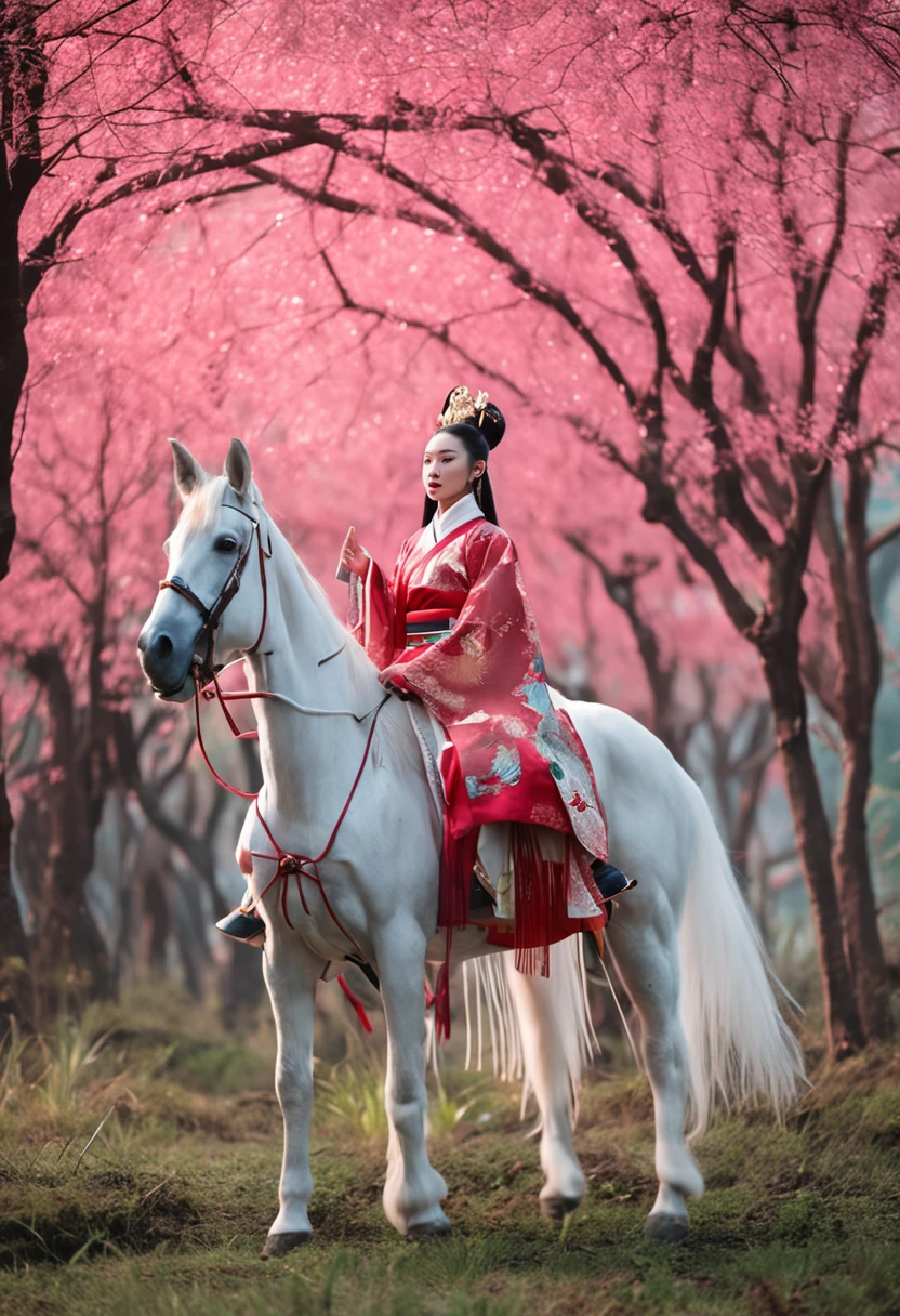 A woman dressed in traditional clothing rides a horse through a bamboo forest, Hanfu, Palace , A girl in Hanfu, White Hanfu, Wuxia, full-body wuxia, Wearing ancient Chinese clothes, xianxia fantasy, with acient chinese clothes, Chinese costume, Anime girl cosplay, Chinese style, Chinese fantasy, Chinese traditional, Traditional Chinese clothing