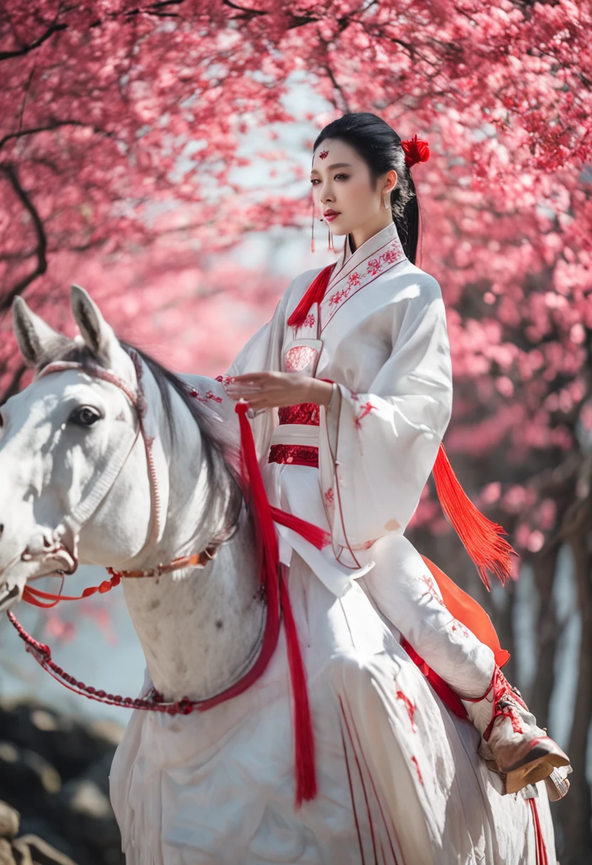 A woman dressed in traditional clothing rides a horse through a bamboo forest, Hanfu, Palace , A girl in Hanfu, White Hanfu, Wuxia, full-body wuxia, Wearing ancient Chinese clothes, xianxia fantasy, with acient chinese clothes, Chinese costume, Anime girl cosplay, Chinese style, Chinese fantasy, Chinese traditional, Traditional Chinese clothing