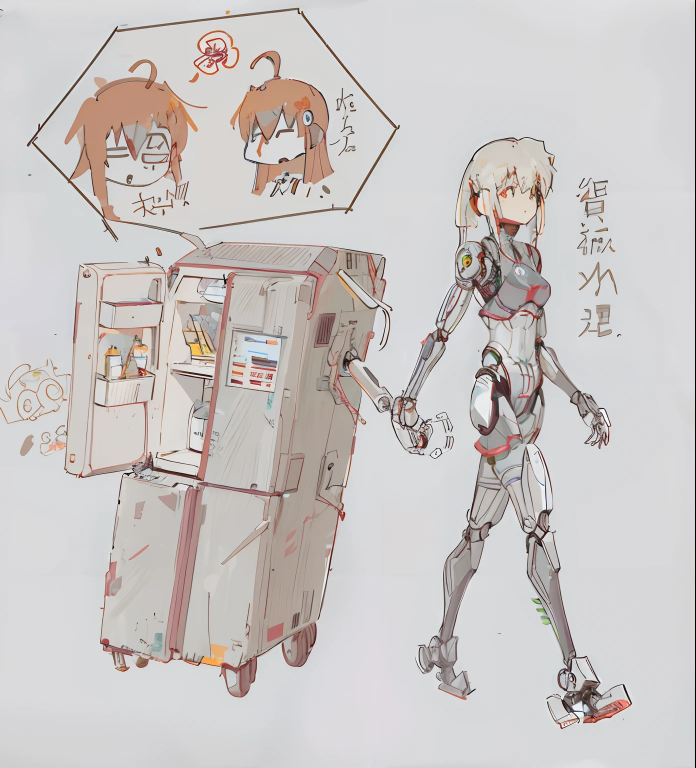Sketch of a woman walking past a refrigerator，There is a sign above the fridge, anime robotic mixed with organic, Fully robotic!!  Fully robotic!! Girl, [ conceptual art ]!!, ((robot)), Robot girl, Anime manga robot!! Anime girl, anthropomorphic robot [ thing ], mecha asthetic