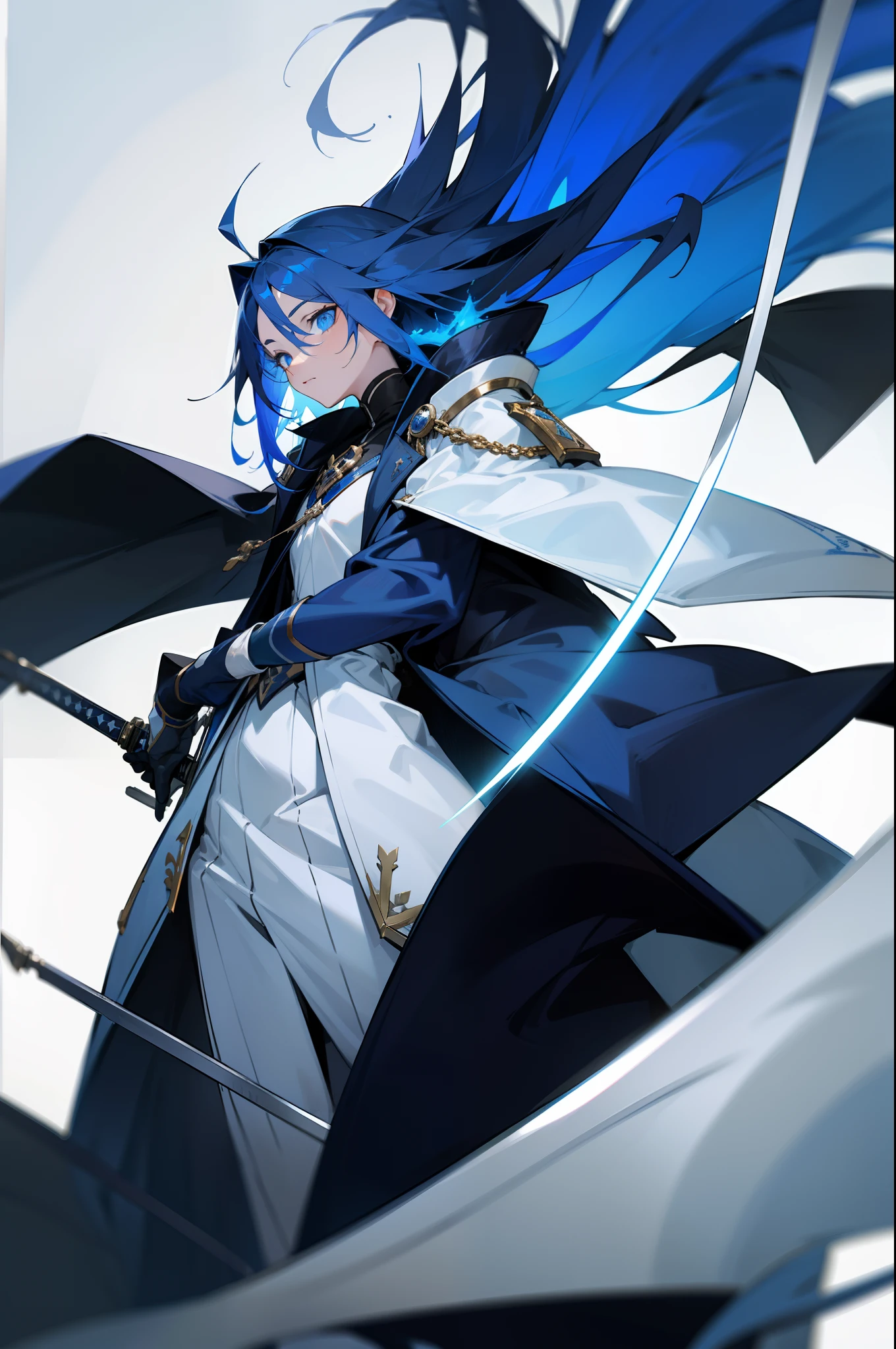dark-blue hair,Hair is long and messy,The pupil color is dark blue,Dressed in a white research suit,The coat is a bit like an alchemist,Holding a one-handed bayonet sword in his hand,It has bird characteristics,femele,s girl