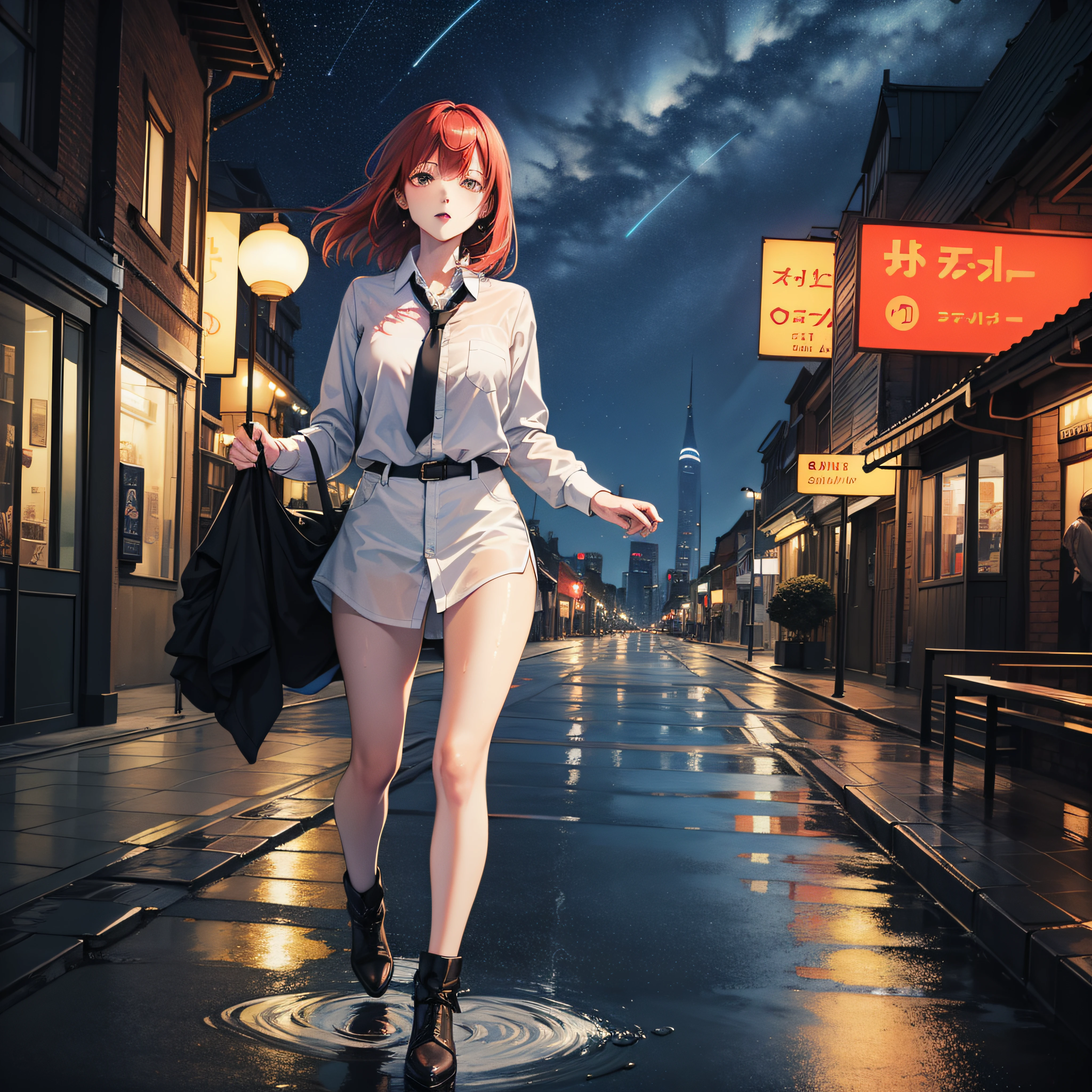 (masterpiece, best quality, high quality, highres),
1girl, best shadow, red hair, white shirt, black tie, sexies, wet, no panties,
(cityscape:1.3), (starry sky:1.3),