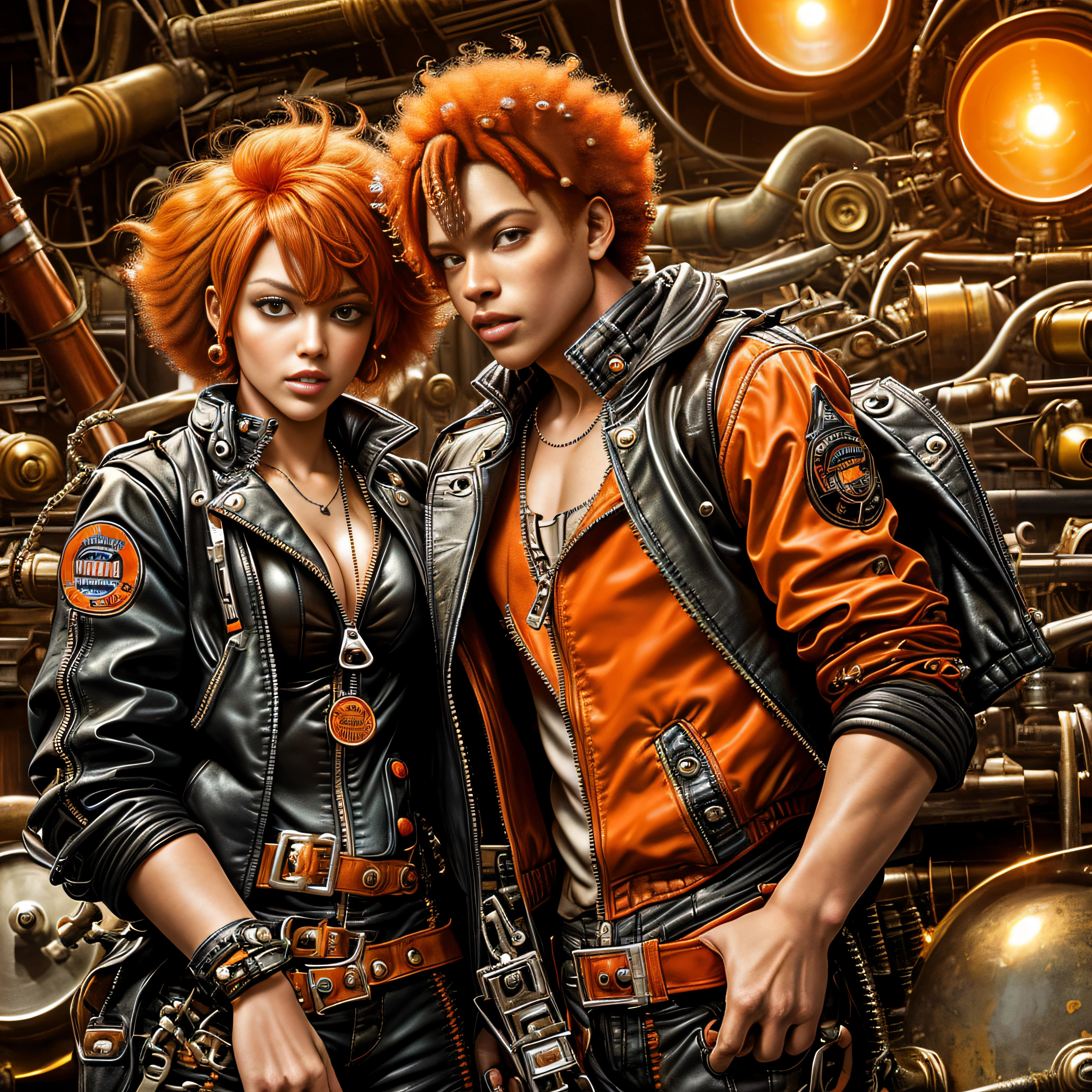 steampunk, sexy woman, short pants,, (polyvinyl Jacket With Rivets:1.3), (floating orange hair:1.4), (open zipper:1.5), (sexy:1.5), (erotic:1.5), (afro hairstyle:1.6), best quality, sunlight, detailed face, gorgeous eyes, realistic skin details, high quality, seen from below, translucent, (voluptuous:1), sensual, lascivious, dominant, romantic, high quality, film grain, Cinematic Light, sidelighting, sharp focus