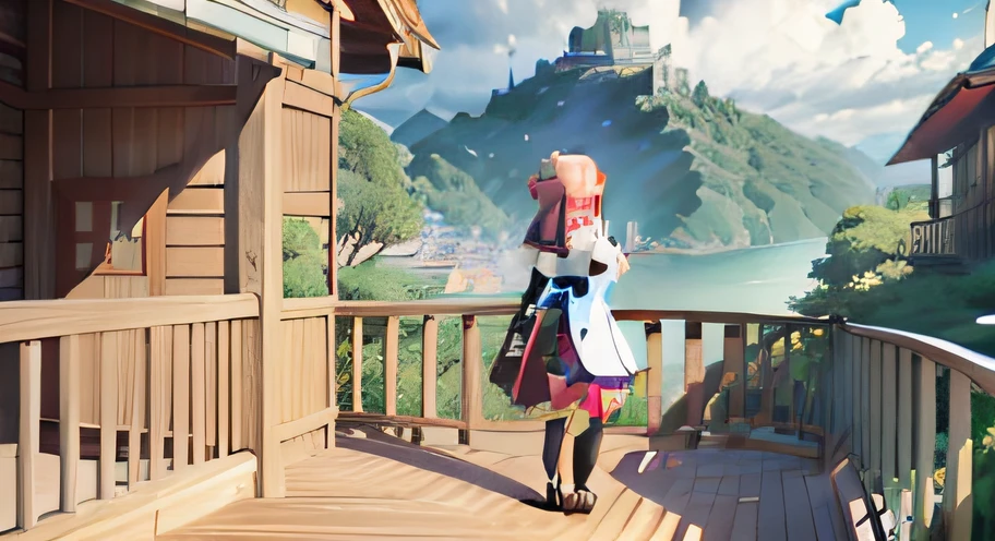 Anime characters standing on deck,You can see the mountain view, Loli, azur lane style, A scene from the《azur lane》videogame, 《azur lane》role, ragnarok online, Pisif 3DCG, offcial art, Splash art anime Loli, 2 d cg, 2. 5 D CGI anime fantasy artwork, Pisif, anime big breast! 4 k''