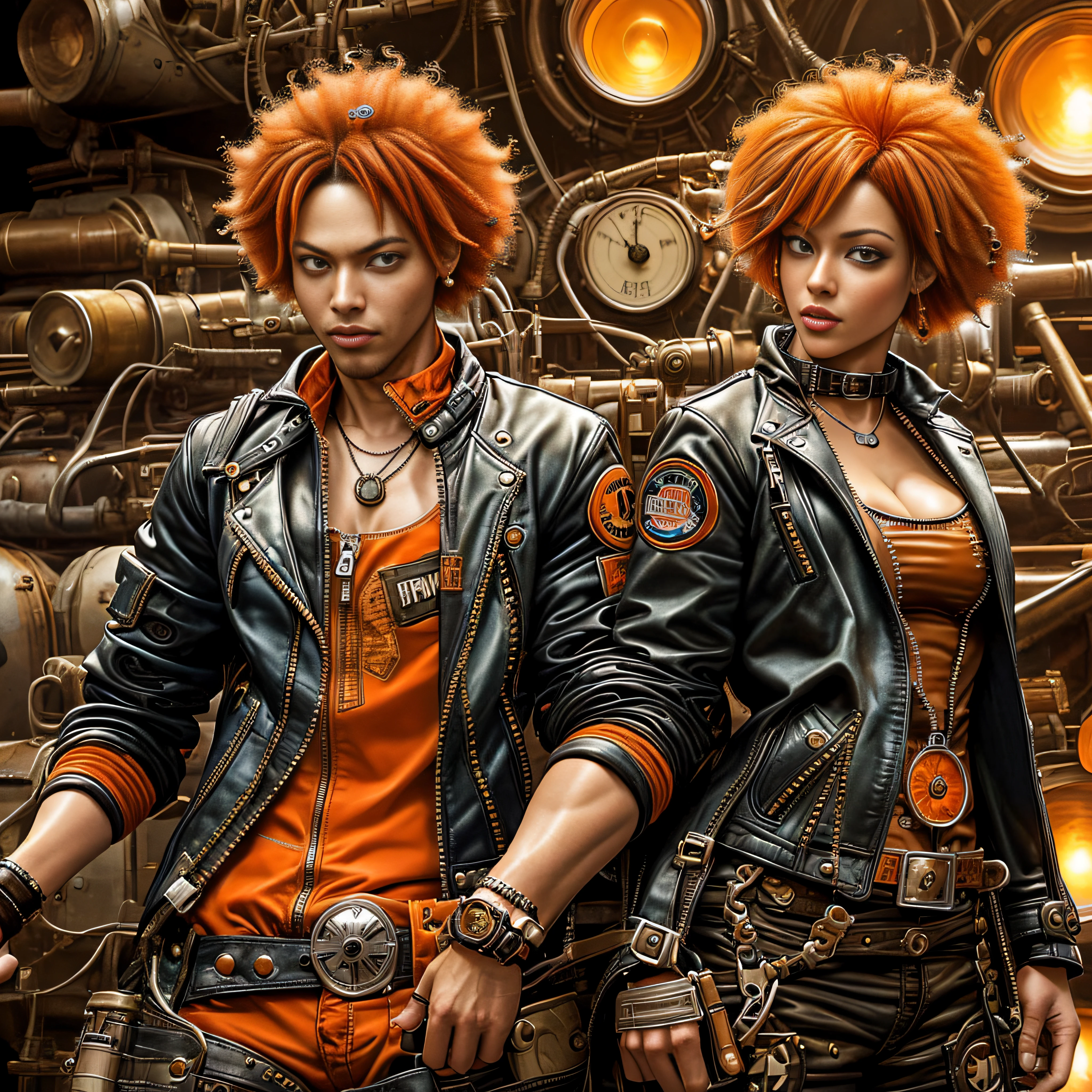 steampunk, sexy woman, short pants,, (polyvinyl Jacket With Rivets:1.3), (floating orange hair:1.4), (open zipper:1.5), (sexy:1.5), (erotic:1.5), (afro hairstyle:1.6), best quality, sunlight, detailed face, gorgeous eyes, realistic skin details, high quality, seen from below, translucent, (voluptuous:1), sensual, lascivious, dominant, romantic, high quality, film grain, Cinematic Light, sidelighting, sharp focus