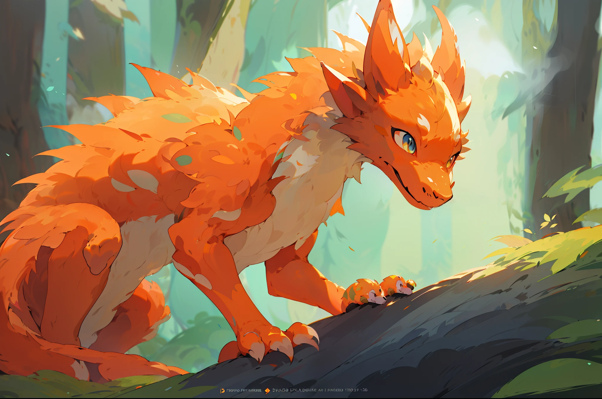 there is a digital painting of a very cute orange dragon, anthro dragon art, illustration pokemon, adorable digital painting, fire type, three - tailed fox, pokemon art style, stylised fox - like appearance, cute detailed digital art, mythical creature, portrait of zeraora, detailed fanart, furry fantasy art, fantasy creature, cute little dragon, a mythical creature